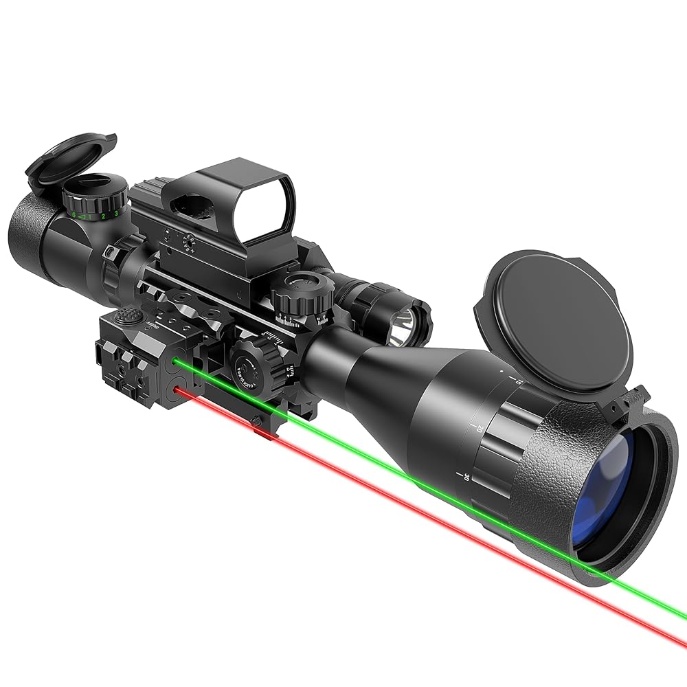 UUQ 4-12&16X50 AO Rifle Scope Red/Green Illuminated Range Finder Reticle W/Green Laser - Holographic Reflex Red Dot Sight - 5 Brightness Modes Flashlight (4-16X50AO W/R&G Laser)