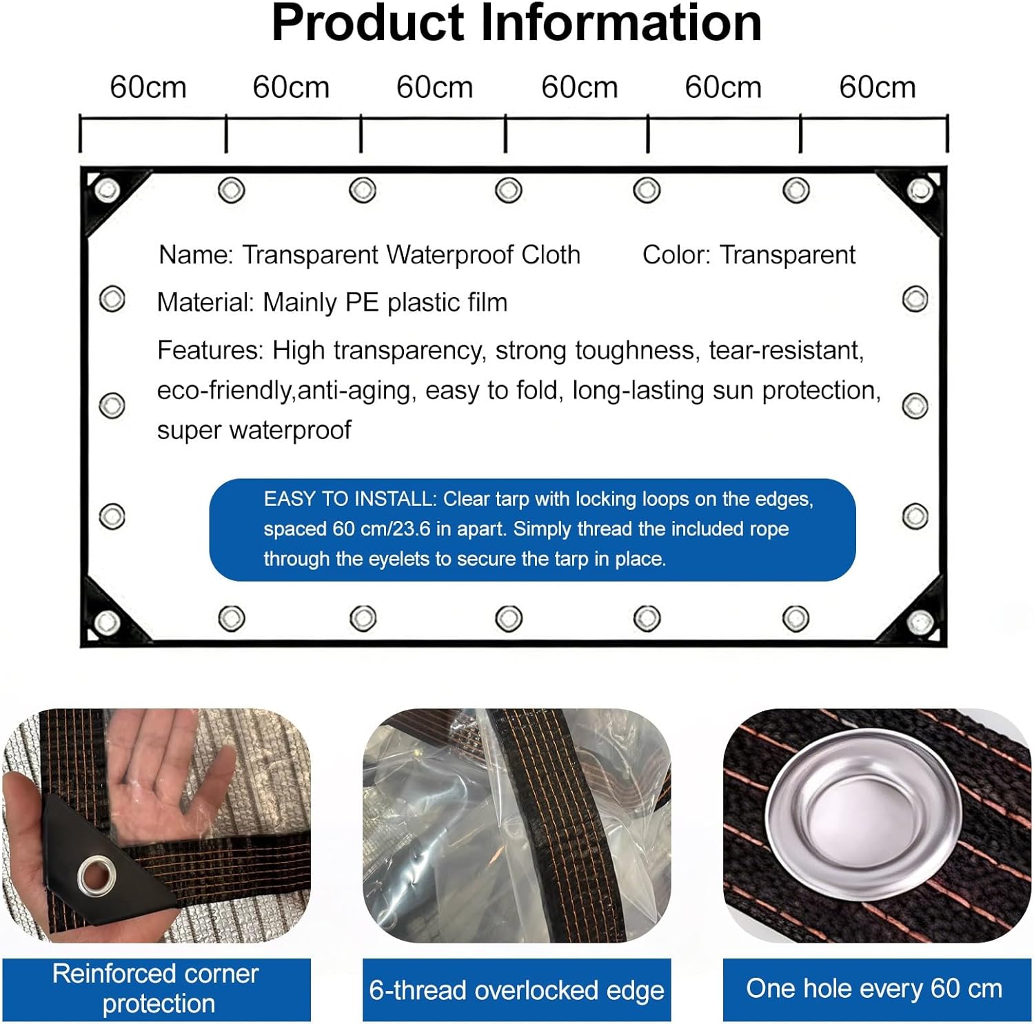 Clear Tarp Waterproof with Increase Grommets Windproof Rope, Heavy Duty PE Vinyl Tarps Transparent Tarpaulin for Patio Fencing, Rain, Wind, Cold, Chicken Coop(3x4m/9.8x13.1ft)