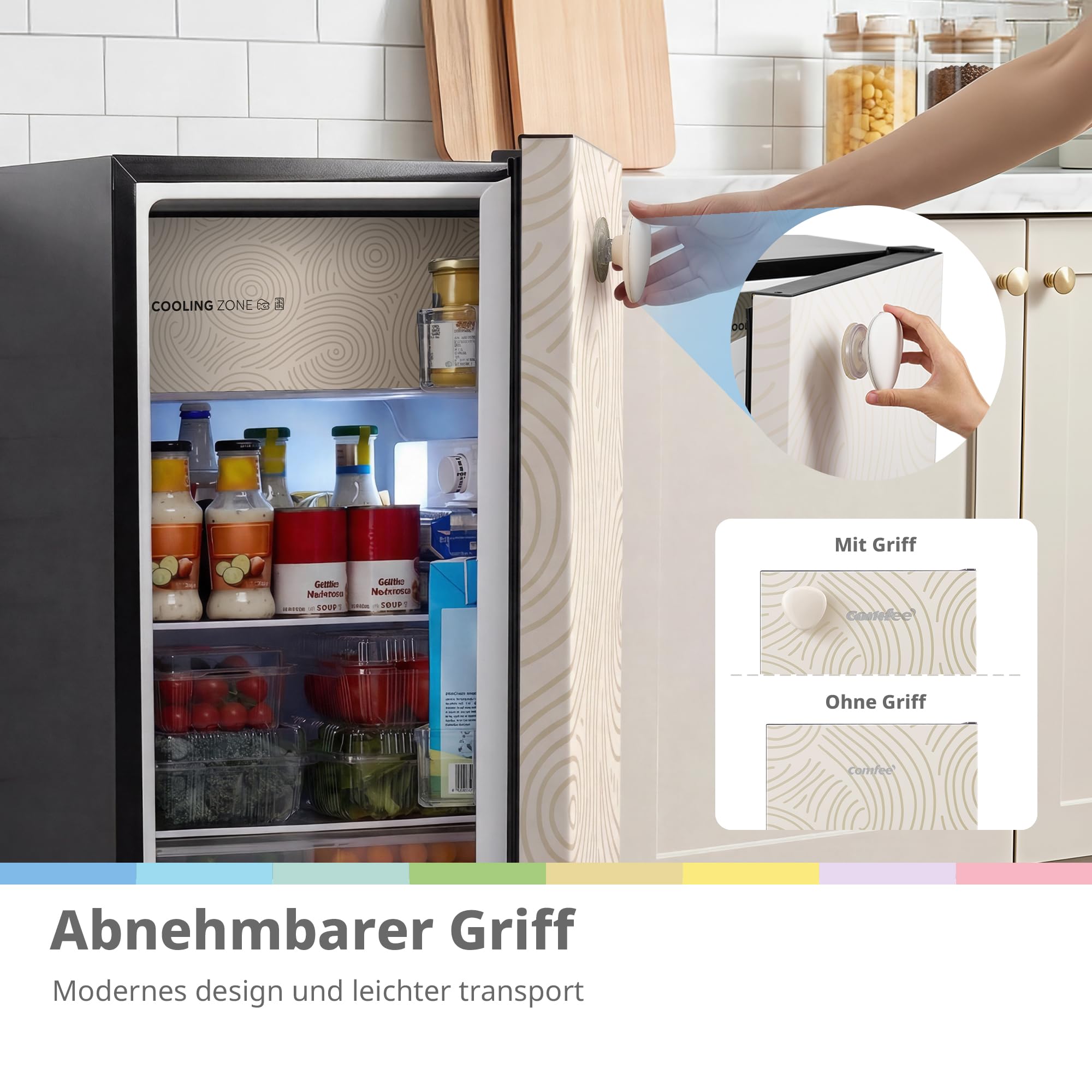 Comfee 88L Kühlschrank mit Chill Box-Fach,42db,Abnehmbarem Griff,82.7cm Höh | Gelb,Einstellbare Temperatur, Wechselbarer Türanschlag,Chill Box-Fach, Herausnehmbare Glasablagen, Modernes Design, EEK E