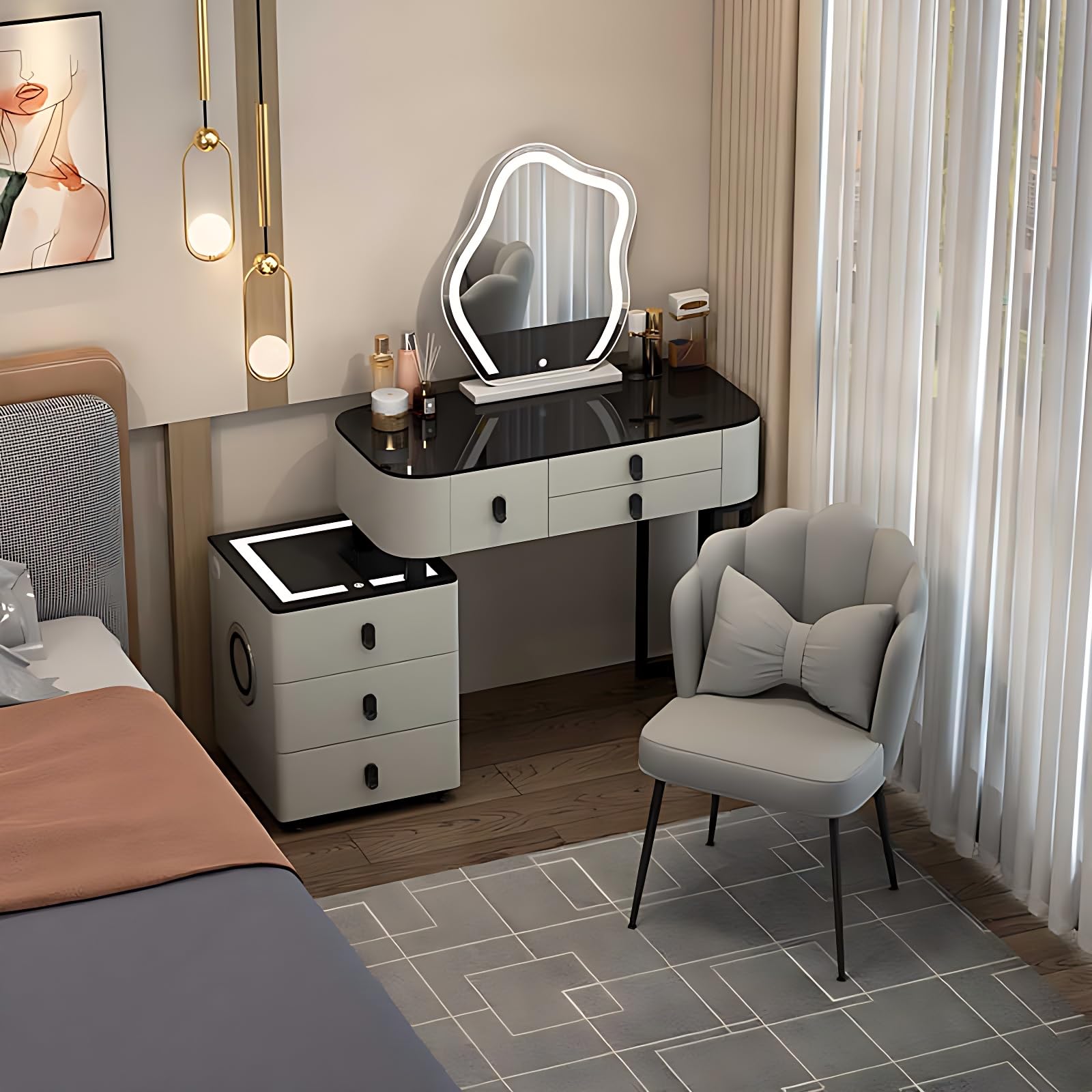 ZGNBSD Smart Make Up Vanity Desk with Mirror and Lights, Speakers & Charging Station, Easy Installation (White + Gray Round Chair, 47.2”)