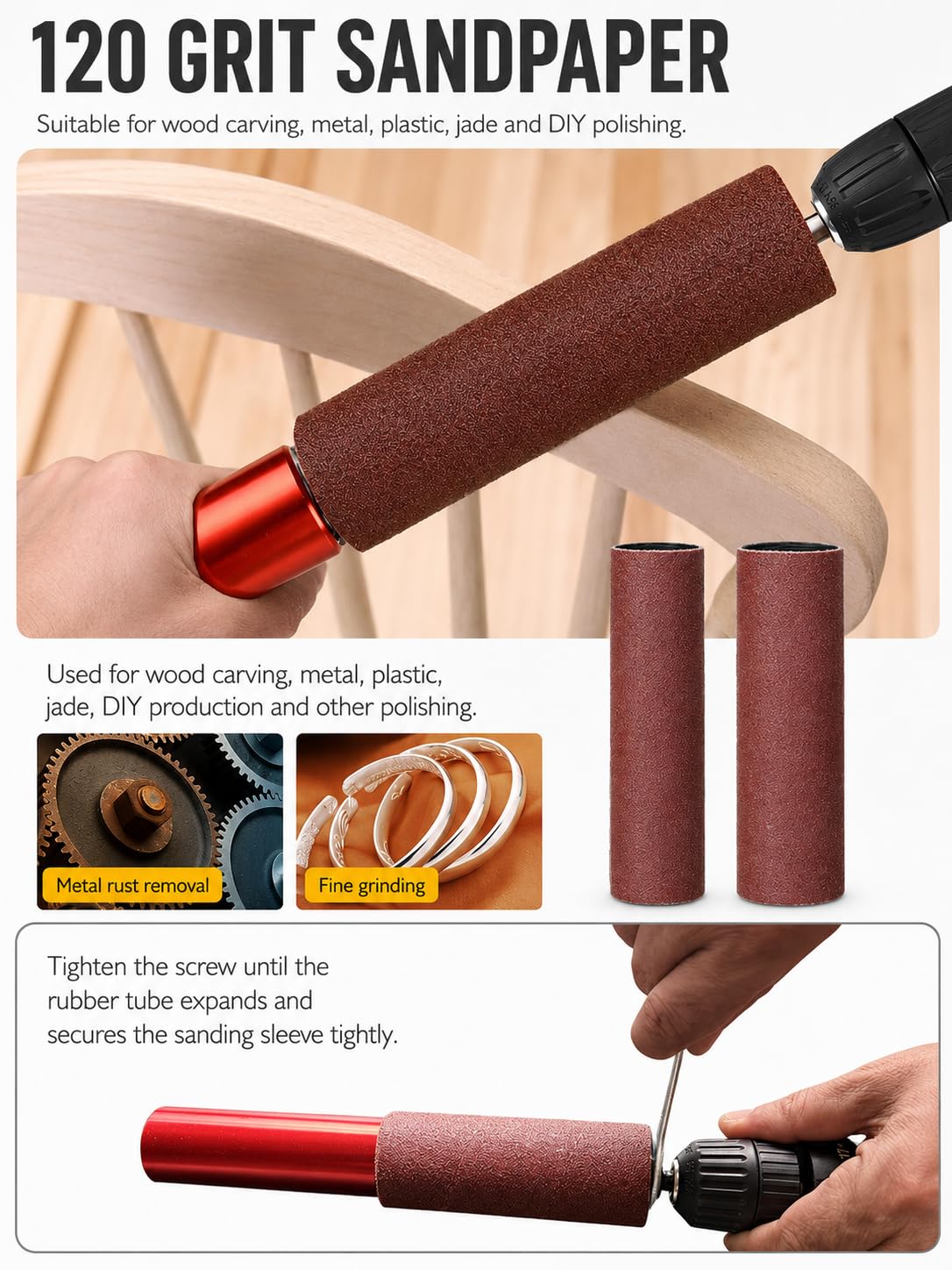 Kit de Mandrin de Ponçage de Perceuse 3/8 Pouces | Adaptateur de Ponceuse à Broche, Tambour de Ponçage en Caoutchouc à Main, pour Bois, Métal