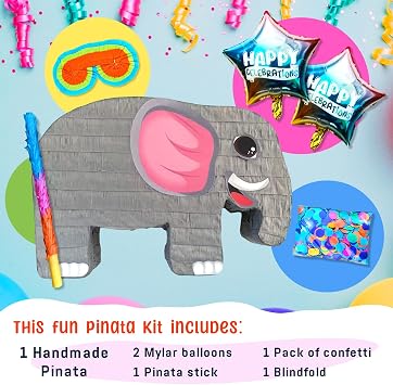 Elephant Pinatas Perfect for Kids AnimalThemed Birthday Parties, Adorable Decoration & Fun Party Game for Boys and Girls Includes Buster Stick, Blindfold, Confetti & 2 Balloons