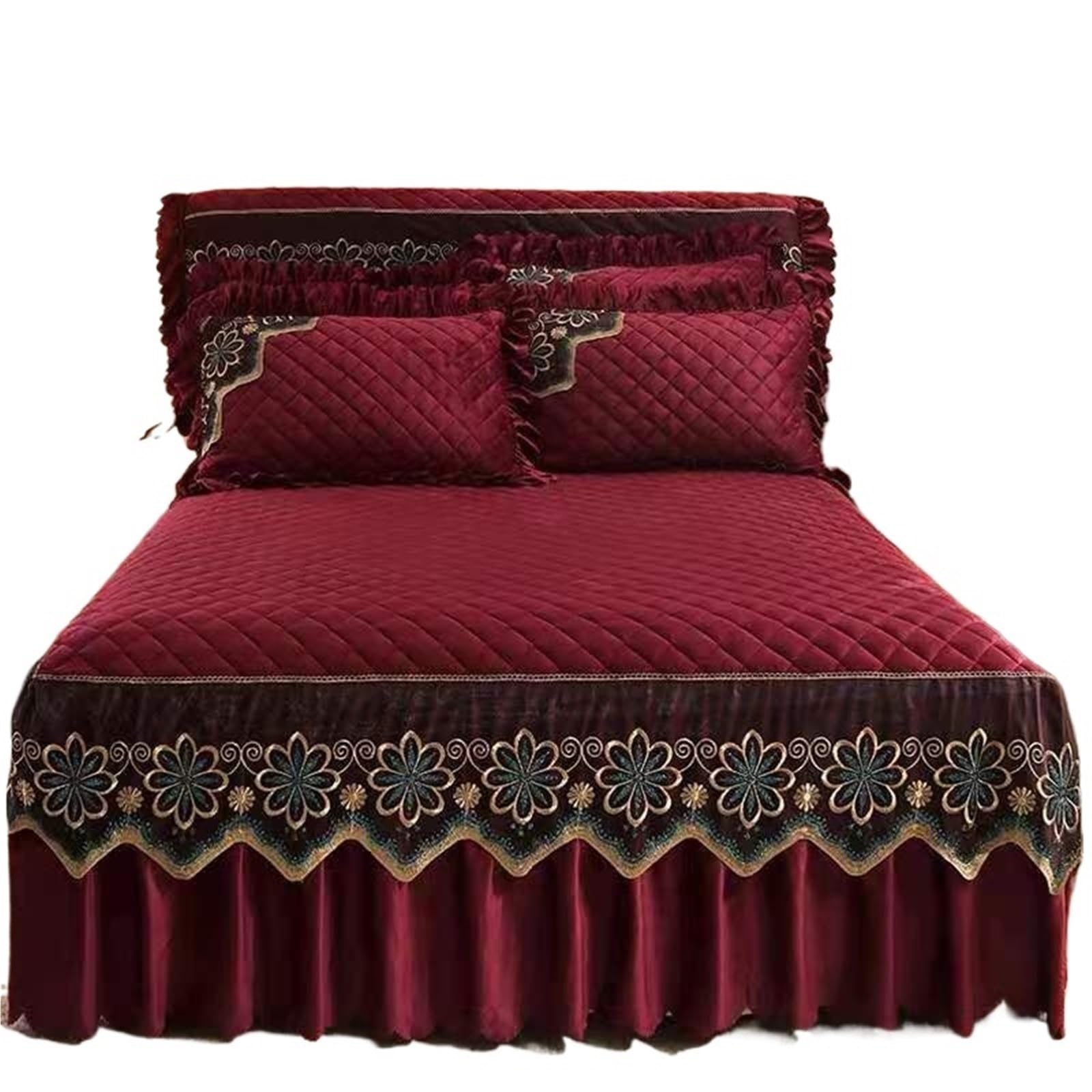 Quilted Bed Skirt Winter Warm Thicken Velvet Bedspread King Good Hand Feeling Not Included Pillowcase(Wine Red,1pc Skirt 180x200cm)