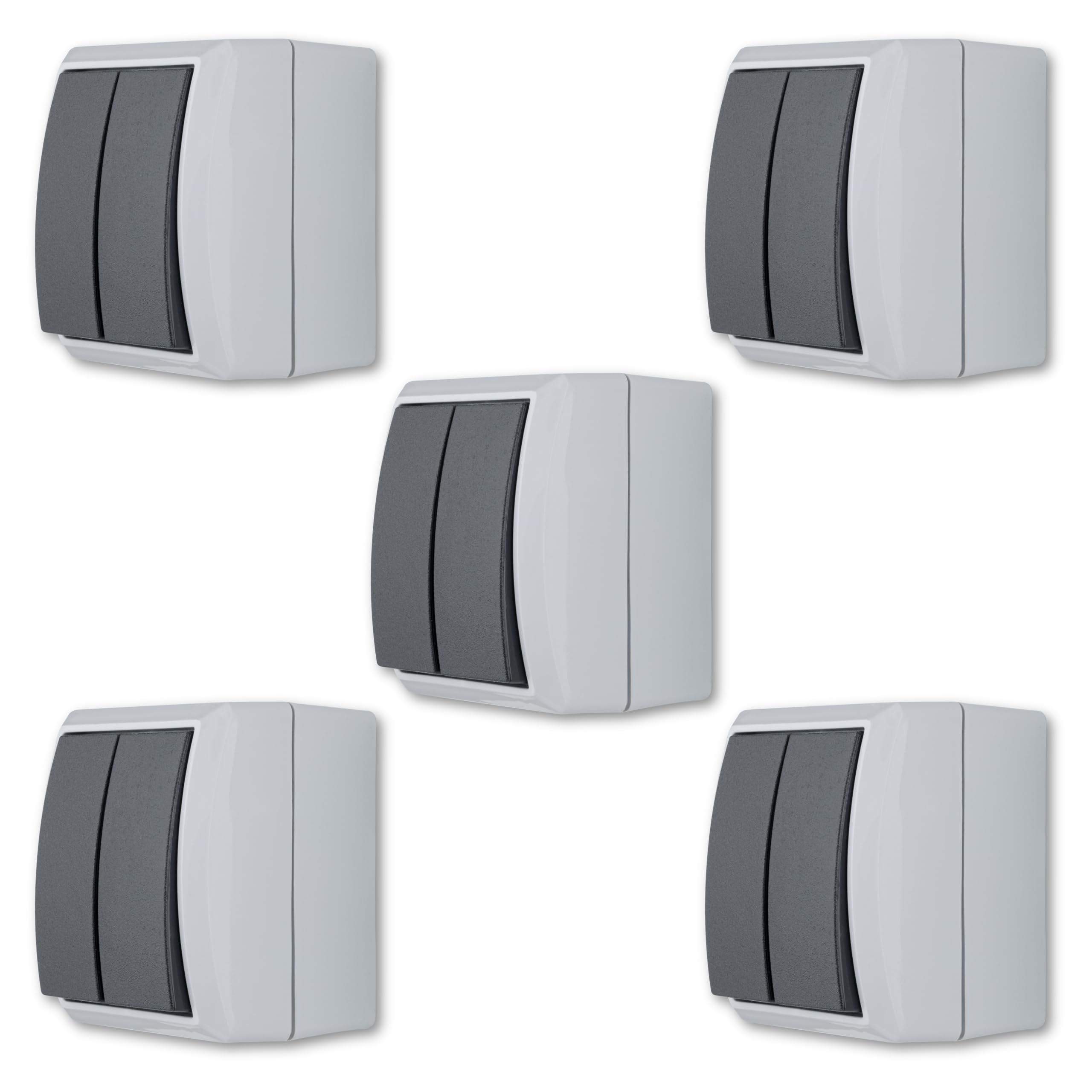 REV AquaForm Economy Set of 5 Series Switches, Wet Room IP44, Single Pole, Surface-Mounted, Grey, gray