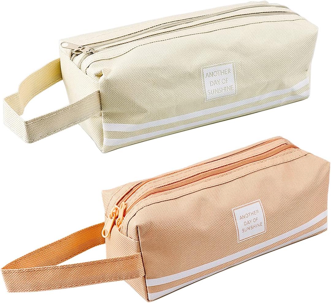 Simple Pencil Case Large Capacity 2 PCS, Stationery Bag Compartments canvas Large Pencil Bag, Double Layer Double Zipper Makeup Bag Office College School Gift For Adults Teen Girl Boy Storage Bags