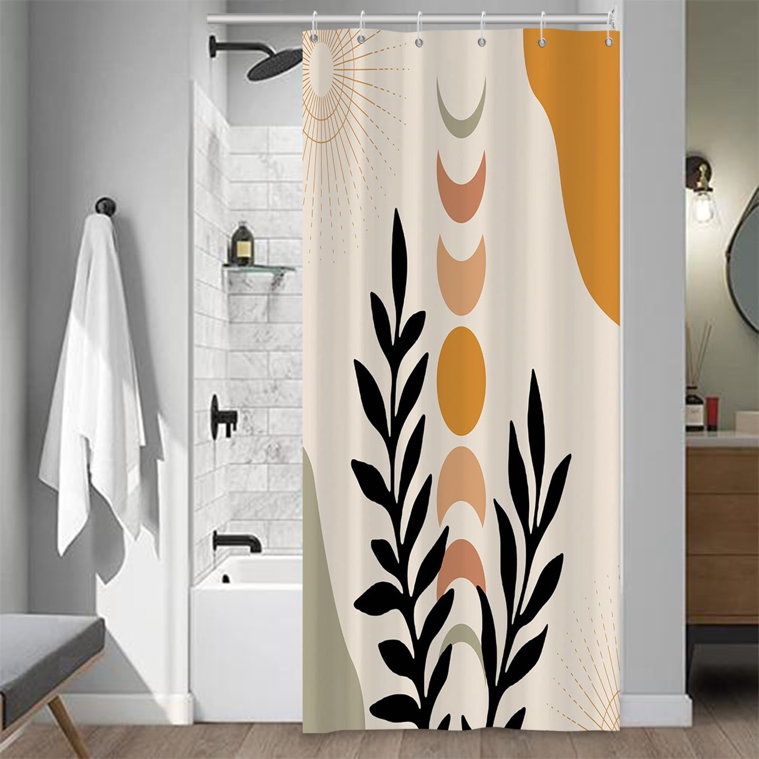 Bohemian Bathroom Shower Curtain Eucalyptus Leaves Moon Phase Boho Theme Bath Curtain with Hooks Waterproof Fabric Polyester Shower Curtain Modern Aesthetics Home Decorative, 36x72 Inch