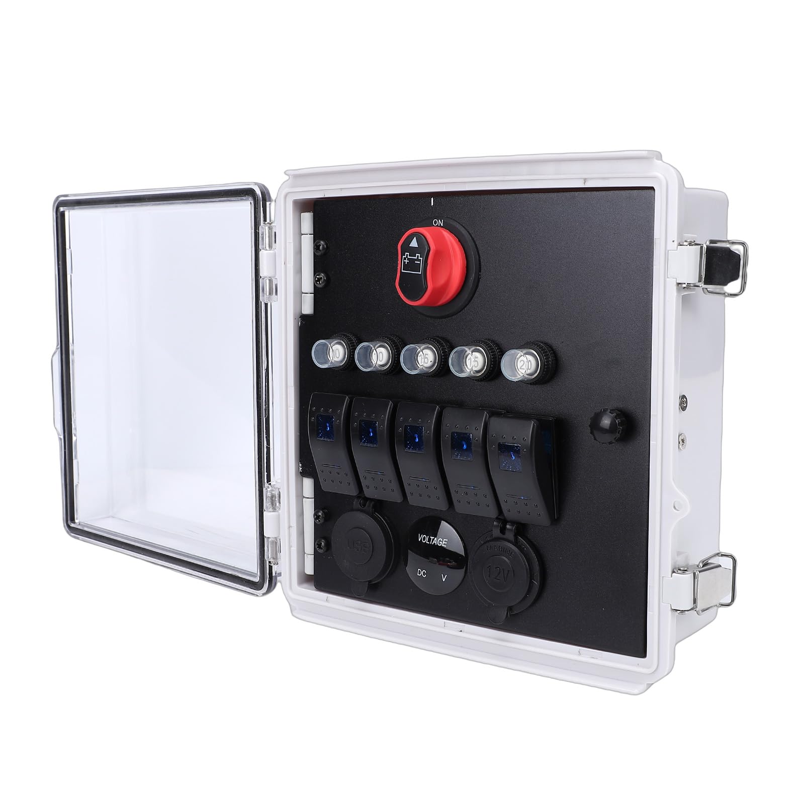 Fabater Panel Przełączników Morskich, Wodoodporny 3-pozycyjny Panel Przełączników LED Typu Kołyskowego IP67, 5-krotnych z Podwójnymi ładowarkami USB PD Gniazdo Zapalniczki Wskaźniki LED dla łodzi RV
