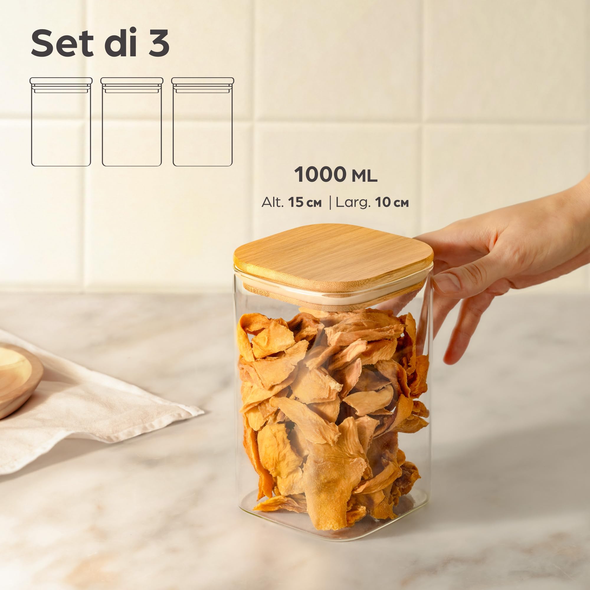 Praknu Set di 3 Barattoli di Vetro con Coperchio - 1 l - Quadrati - Ermetici - Con 6 Guarnizioni - Lavabili in Lavastoviglie