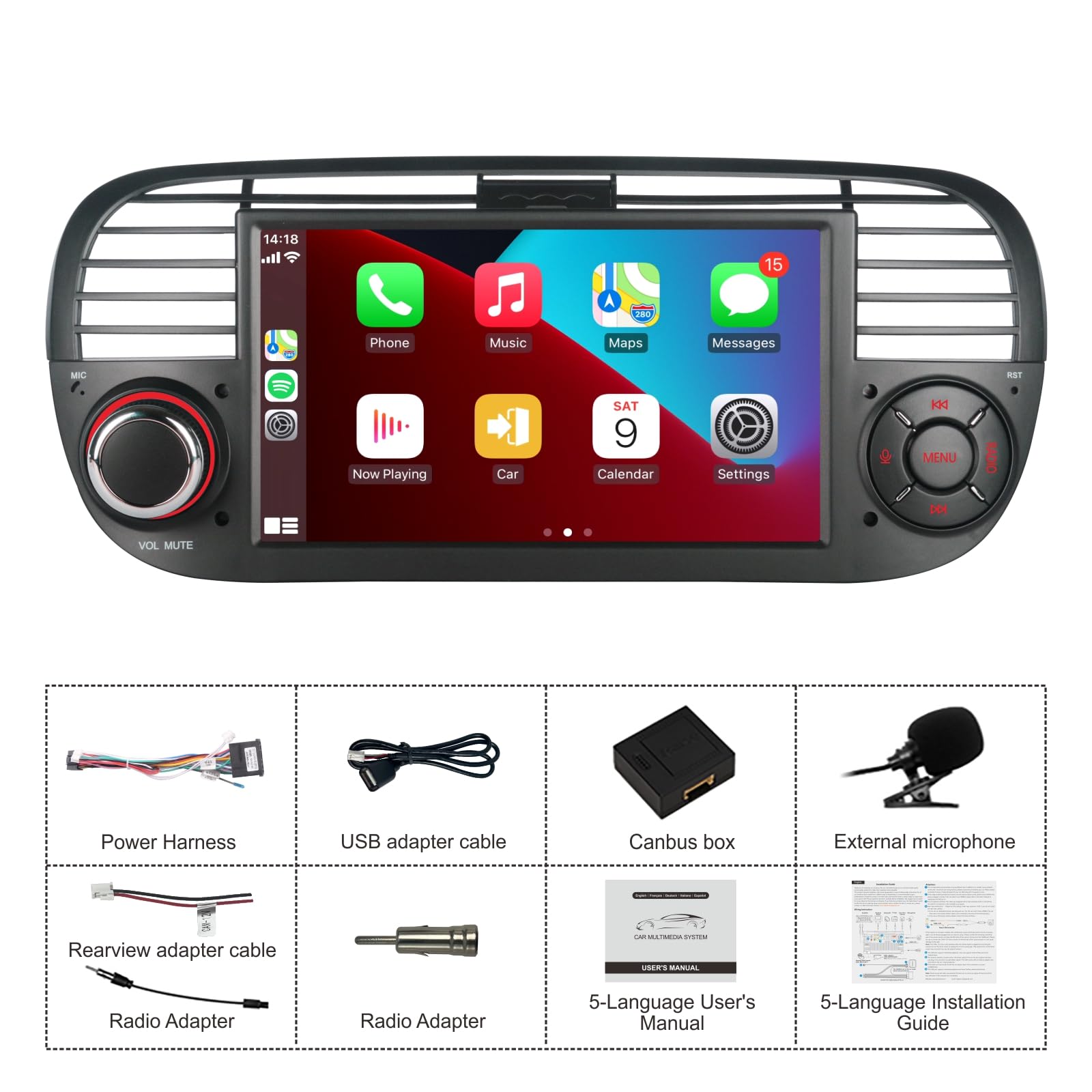 Doppel-DIN-Autoradio kompatibel mit drahtlosem Carplay Android Auto für FIAT 500 2007-2015-Zoll IPS Bluetooth/FM/AM Radio/USB/EQ (Schwarz)