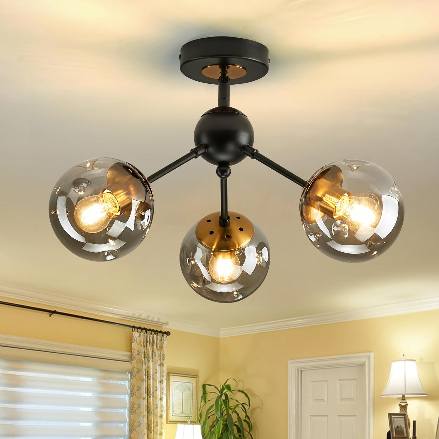 SZXYKEJI 3-Light Chandelier ，Vintage Semi Flush Mount Ceiling Light Fixture with Glass Globe， Black Ceiling Light for Hallway Stairway Porch Entryway Kitchen Bedroom Laundry Farmhouse..