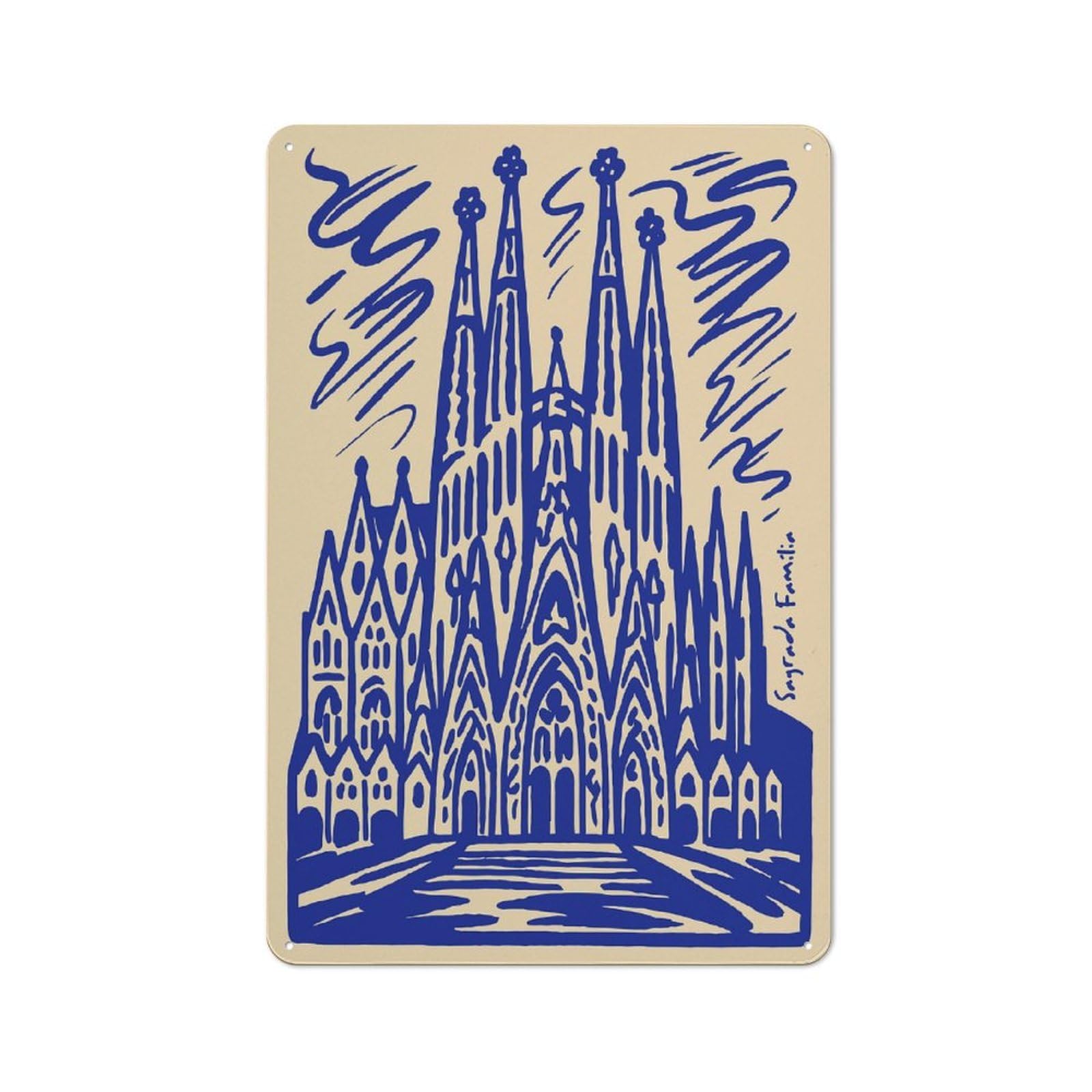 Junmoney Style-4 Metal Gift Sign With Sagrada Familia, Barcelona, Spain, Illustration Design 30X20cm, Character Room Wall Plaque For Flat, Dorm Room, Lounge Or Cafe