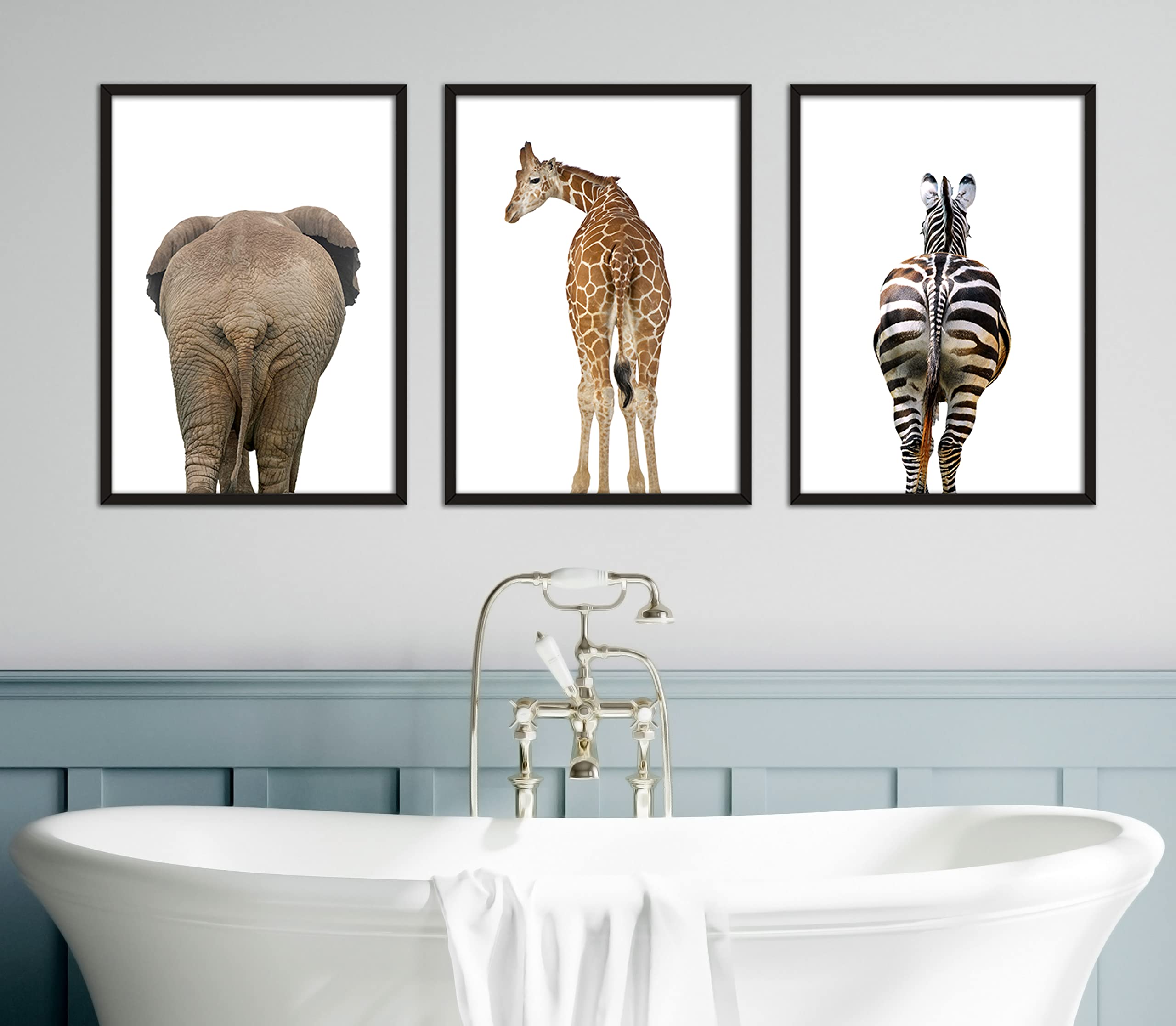Eviepops Prints Elephant Giraffe Zebra Bum Unframed Set of 3 Safari Animal Prints in Colour, Funny Home Decor, Home Wall Art