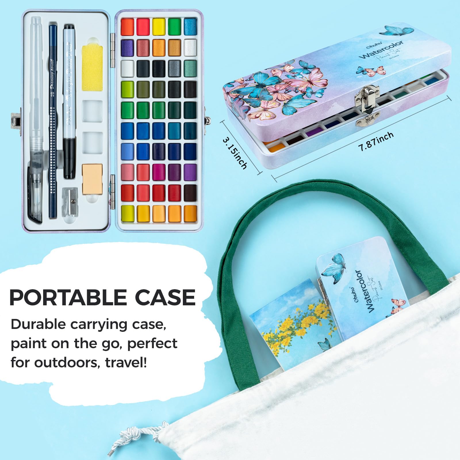 Ohuhu Set di pittura ad acquerello 50 colori, scatola portatile con carte, pennelli e acrilico, pastelli a olio, pittura per viaggio all'aperto