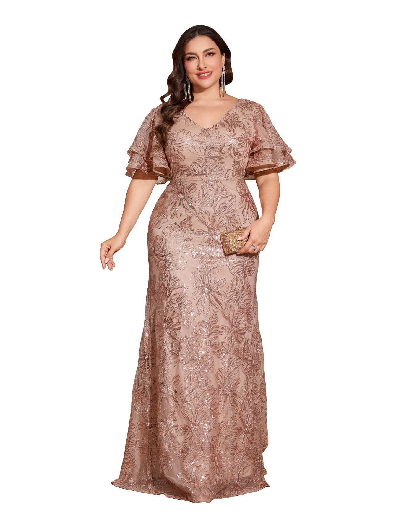 Women's Plus Size Sequin Evening Gown Formal Dress Flutter Sleeve Wedding Guest Dress