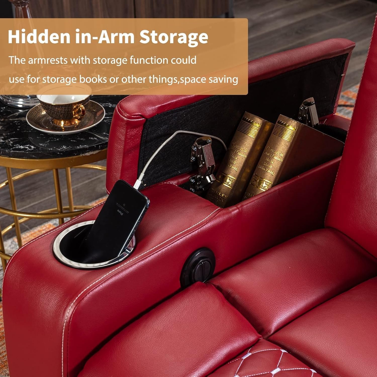 Oversized Power Recliner Chair for Adults, Overstuffed Recliner with USB Ports and Cup Holders, Breathable Leather Recliner Sofa with Hidden Arm Storage for Living Room