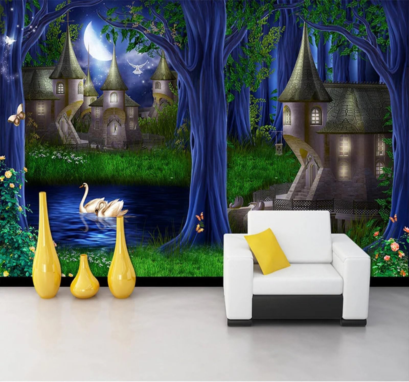 Fantasy Castle Forest Starry Sky Swan 3D Wallpaper Easy Install Feature Office Living Room Sofa Bedroom TV Background Wall Decoration-200cm×140cm