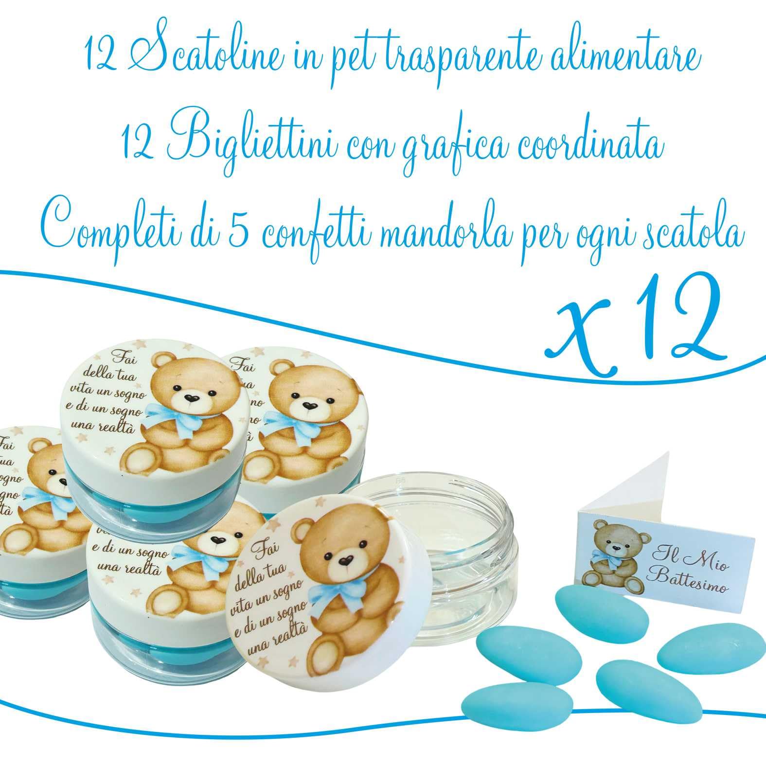 Regalami.Shop Set 12 Scatoline Orsetto Bomboniere con 5 Confetti Celesti alla Mandorla e Bigliettini Tematici (Celeste)