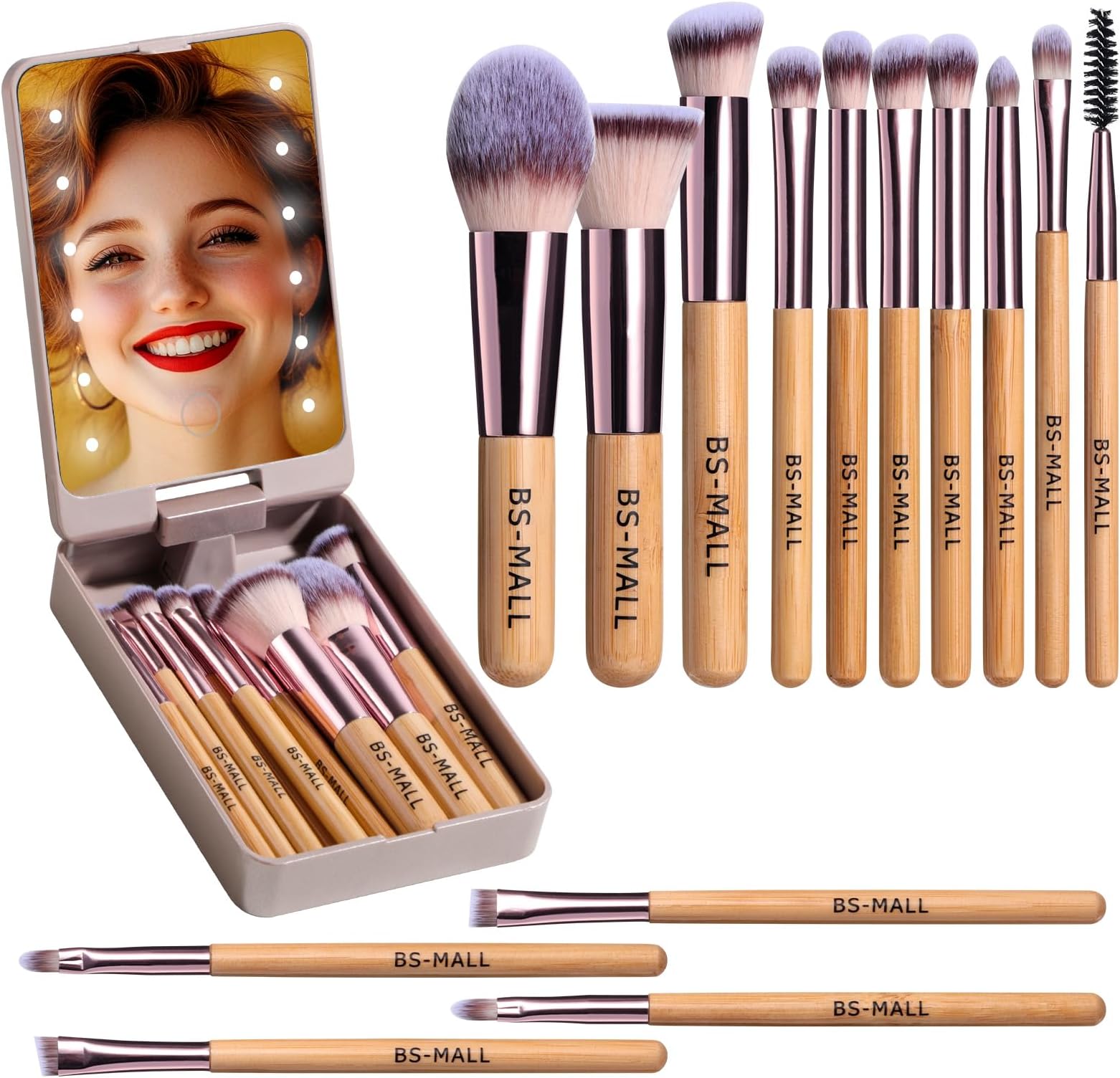 Travel Makeup Brush Set Foundation Powder Concealers Eye Shadows Makeup Set with LED light Mirror 14 Pcs (B-Bamboo)