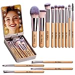 BS-MALL Travel Makeup Brush Set Foundation Powder Concealers Eye Shadows Makeup Set with LED light Mirror 14 Pcs (B-Bamboo)