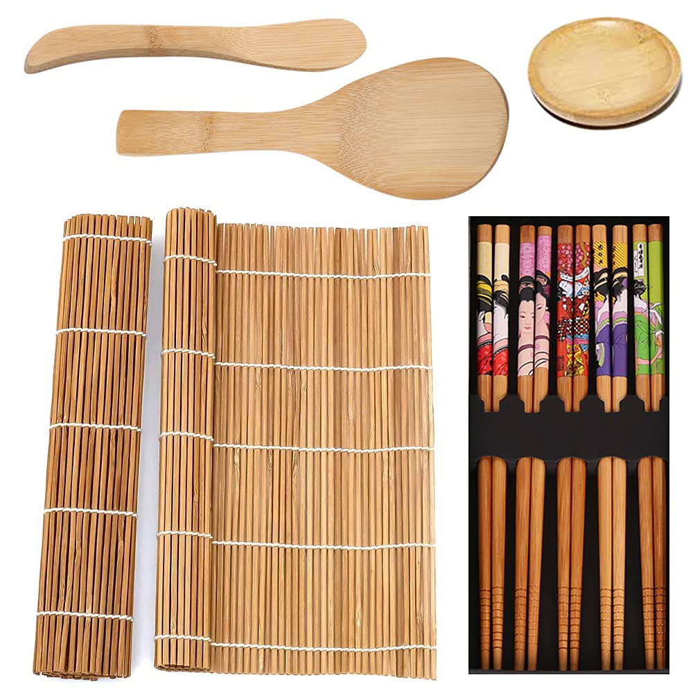 ORiTi Sushi Making Kit Set, 10 PCS Beginner Sushi Kit Including 2 Sushi Roller, 5 Pairs of Chopsticks,1 Paddle,1 Spreader, 1 Sause Dish Set for Sushi Lovers.