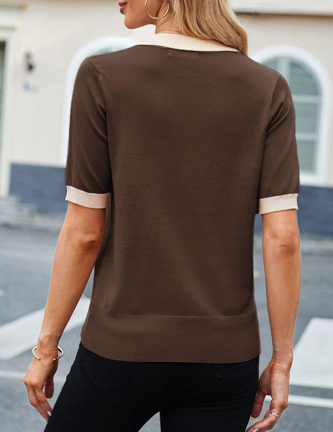 Kate Kasin Women Short Sleeve Polo Sweater V Neck Knitted Tops Casual Ribbed Shirt Loose Pullover Sweater - Image 5