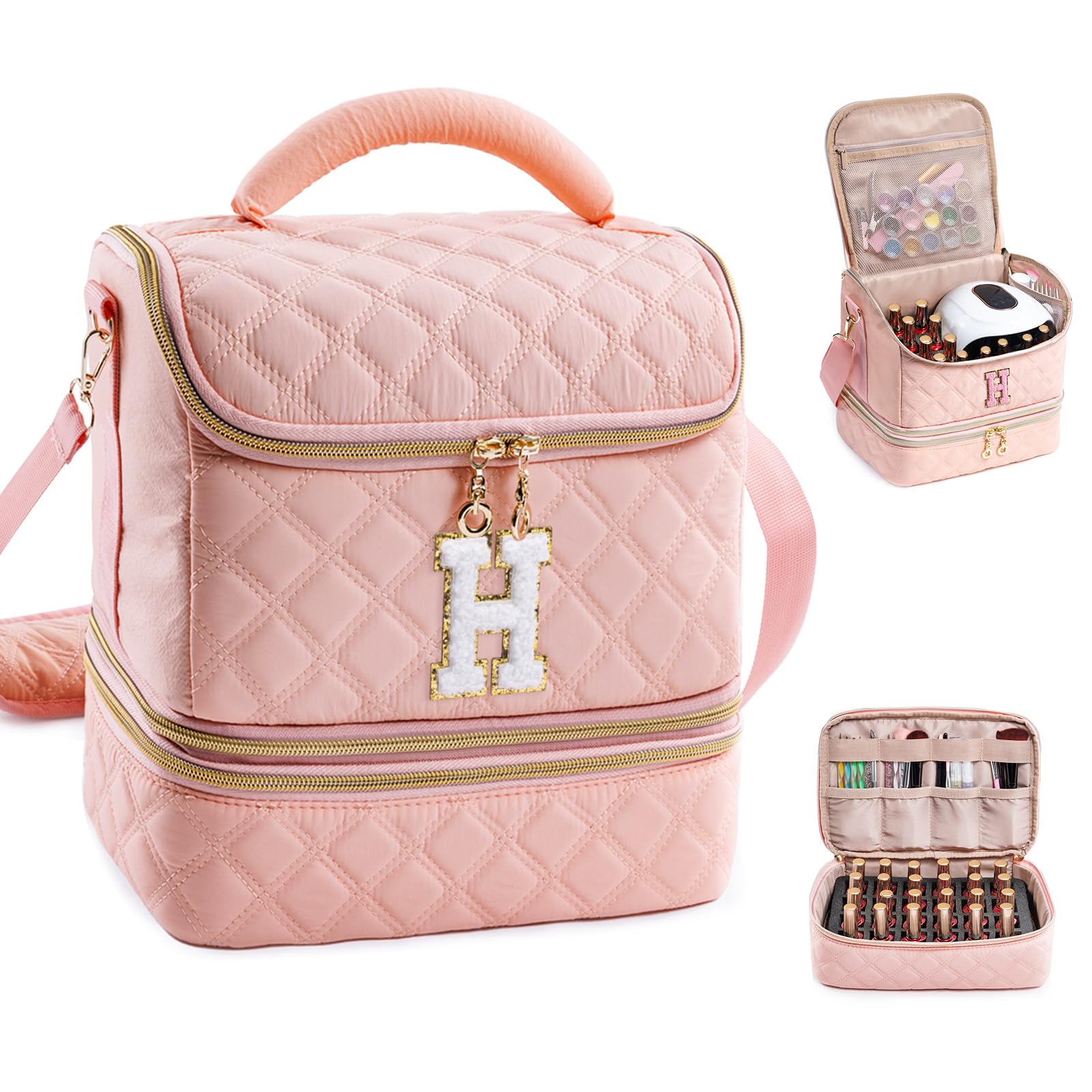 Organizador personalizado de esmalte de uñas con inicial, capacidad para 48 botellas (15 ml), lámpara de uñas y herramientas, bolsa de uñas para organizadores y almacenamiento de uñas, soporte