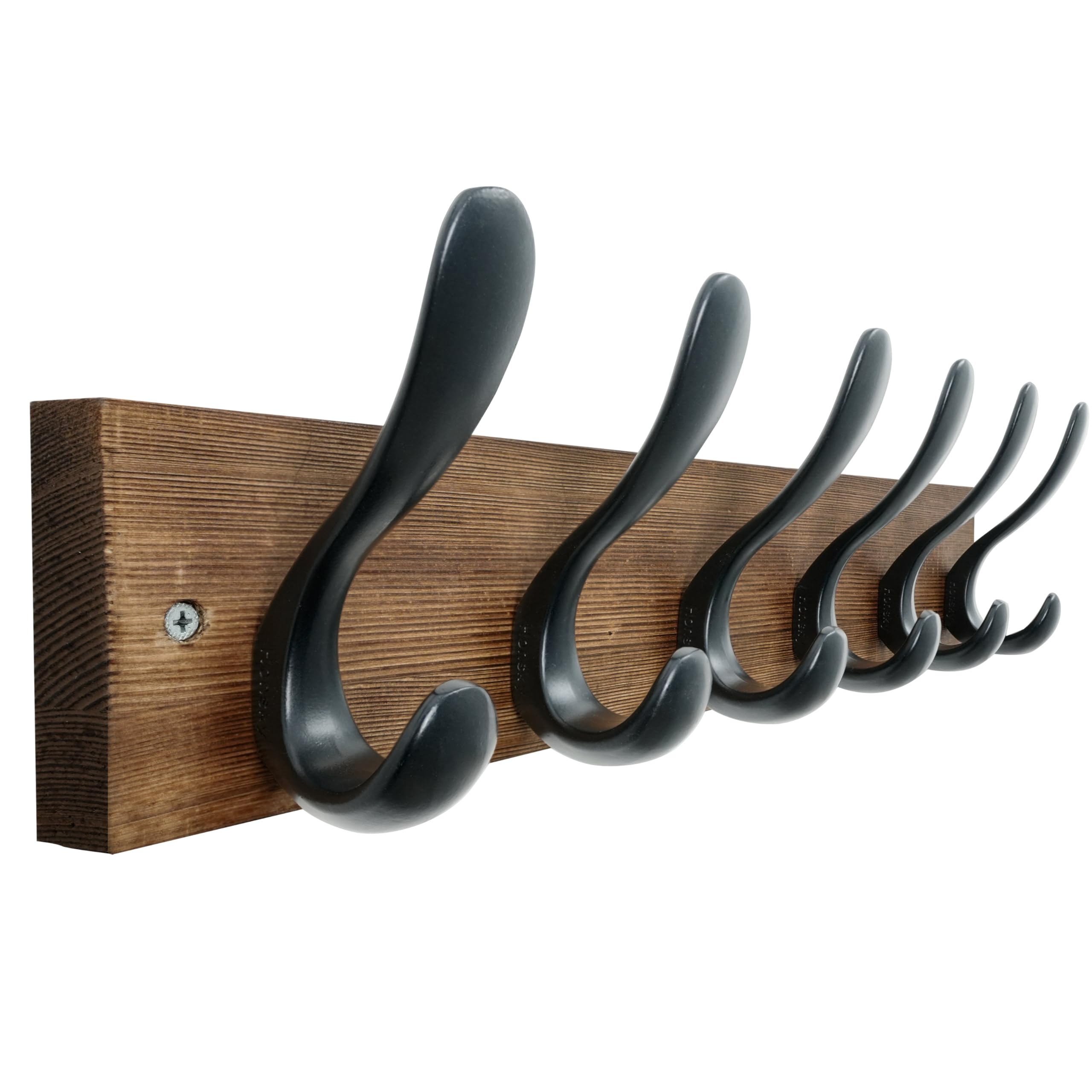 HONSKY Heavy Duty Wall Mounted Coat Rack, 43cm Wooden Coat Hanger with 6 Double Metal Hooks, Sturdy Wall Hanger for Hallway, Entryway, Bedroom, Easy Installation (Brown Base & Black Hooks)