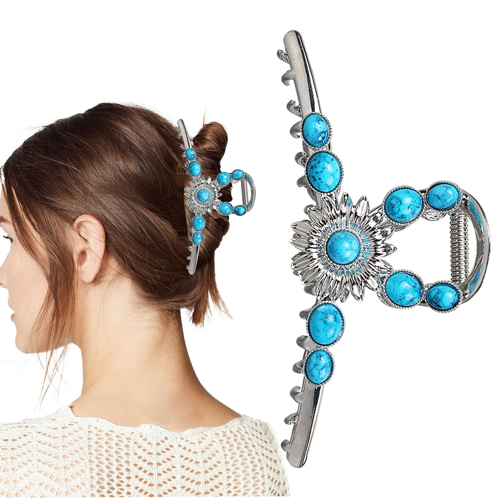 Extra Turquoise Blue Stone Sun Western Hair Clips, Metal Retro Style Hairpin Western Claw Clips, Nonslip Western Hair Accessories for Thick Hair