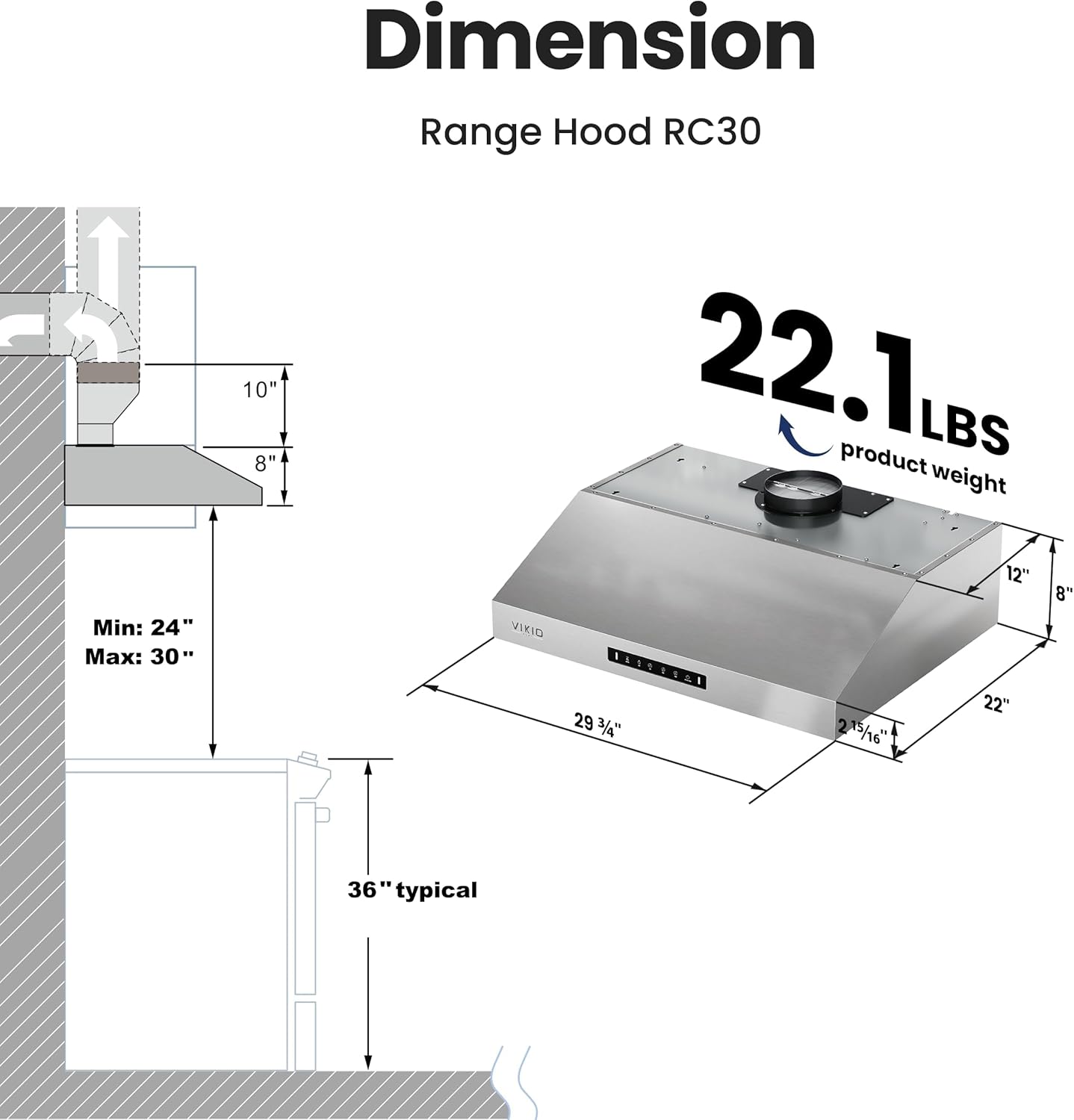 VIKIO HOME 30 Inch Under Cabinet Range Hood with 1200CFM, Range Hood,Stainless Steel Vent Hood with 3 Speed,1.5 Sones Quiet Dual Turbine Motor,Safe Baffle Filters for Kitchen Stove