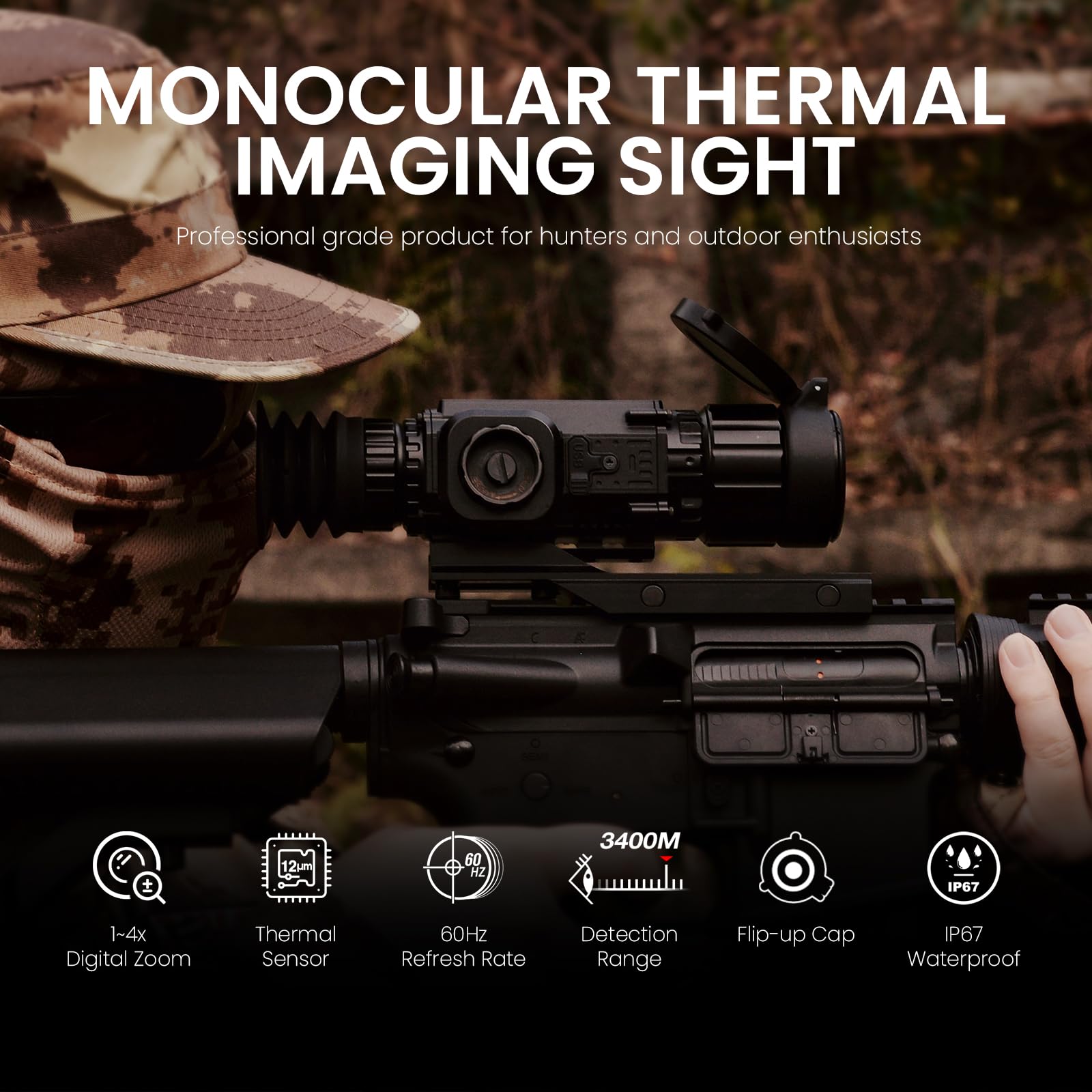 Mira Térmica X350 para Rifle de Caza, Alcance de Detección 1100m, Pantalla Micro-OLED HD 1024x768, Autonomía 10h, Óptica 35mm, WiFi y Almacenamiento Integrado 64GB