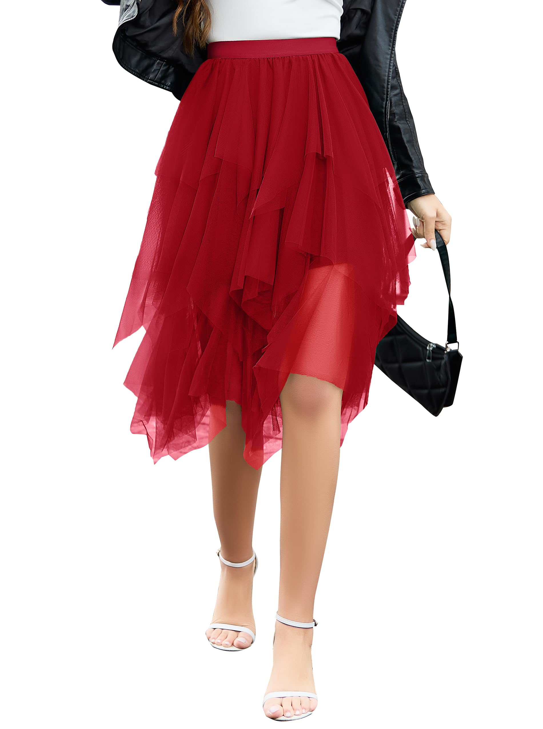 Wikoan Damen Tüllrock Mehrlagig Mesh Damen Faltenrock Stilvoll Hoher Taillierter Röcke Unregelmäßig A-Linie Prom Party Tutu Rock Sommerrock S-XXL