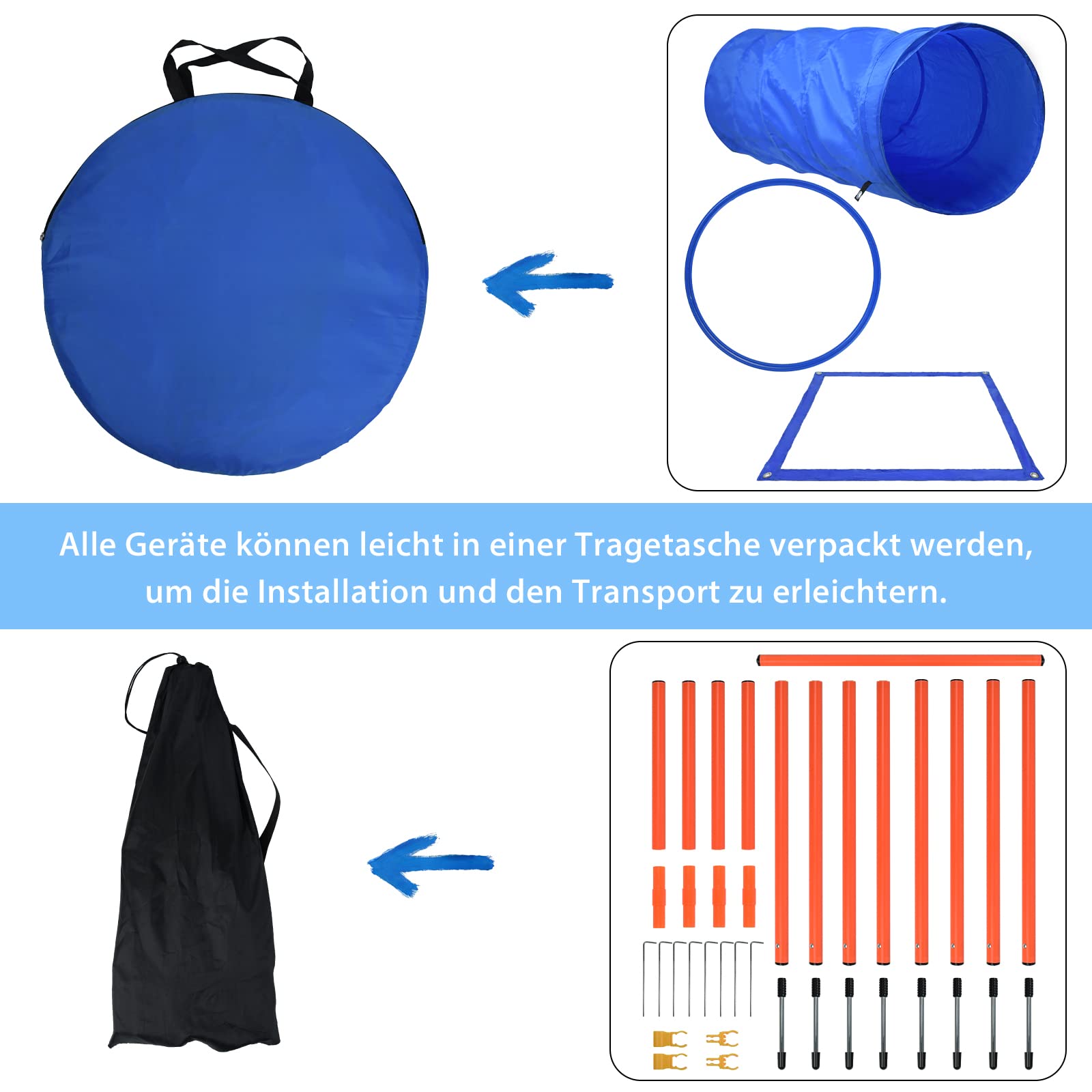 Agility Set für Hunde Trainingsset mit Hundetunnel, Höhenverstellbare Hürden, Hindernisse, Sprungring und Stangen, Haustier-Trainingsset inkl. Tragetasche für Hundesport, Indoor & Outdoor