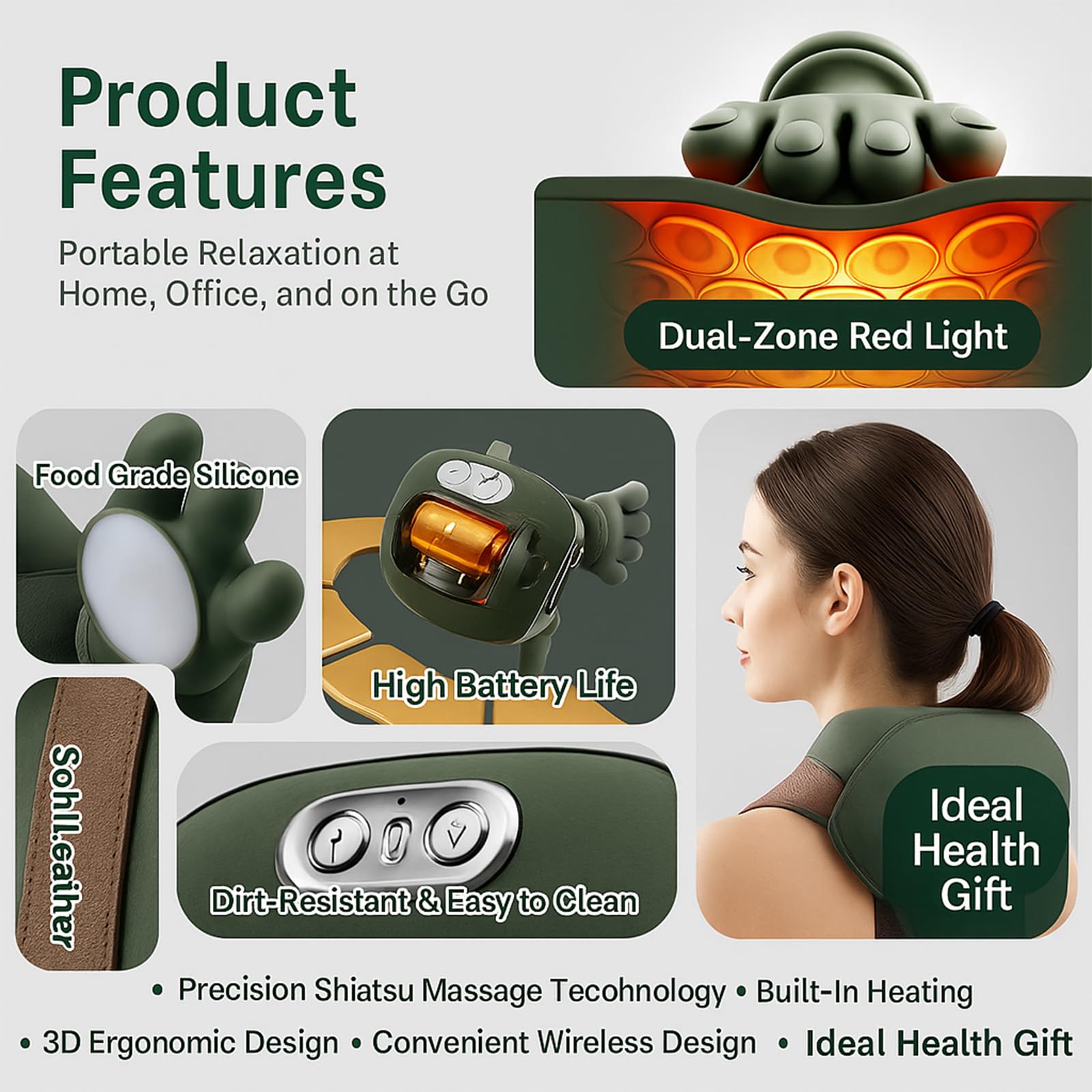 Product features including dual-zone red light, food grade silicone, high battery life, soft leather, and dirt-resistant design