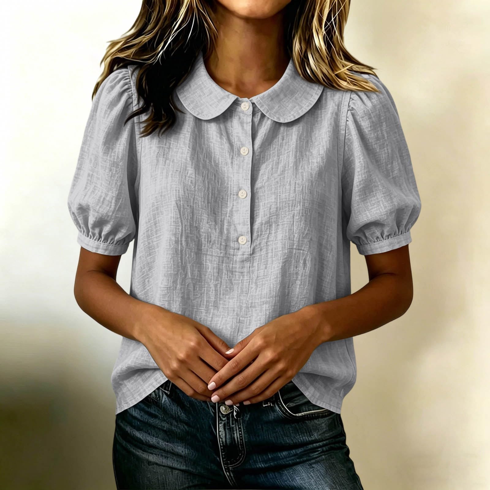 Blouse Femme Chic Et éLéGant Col Rond Boutonné - Chemisier Coton Lin LéGer Respirant Manches Courtes Coupe Ample BohèMe DéContracté éTé Quotidien Grande Taille S-5XL