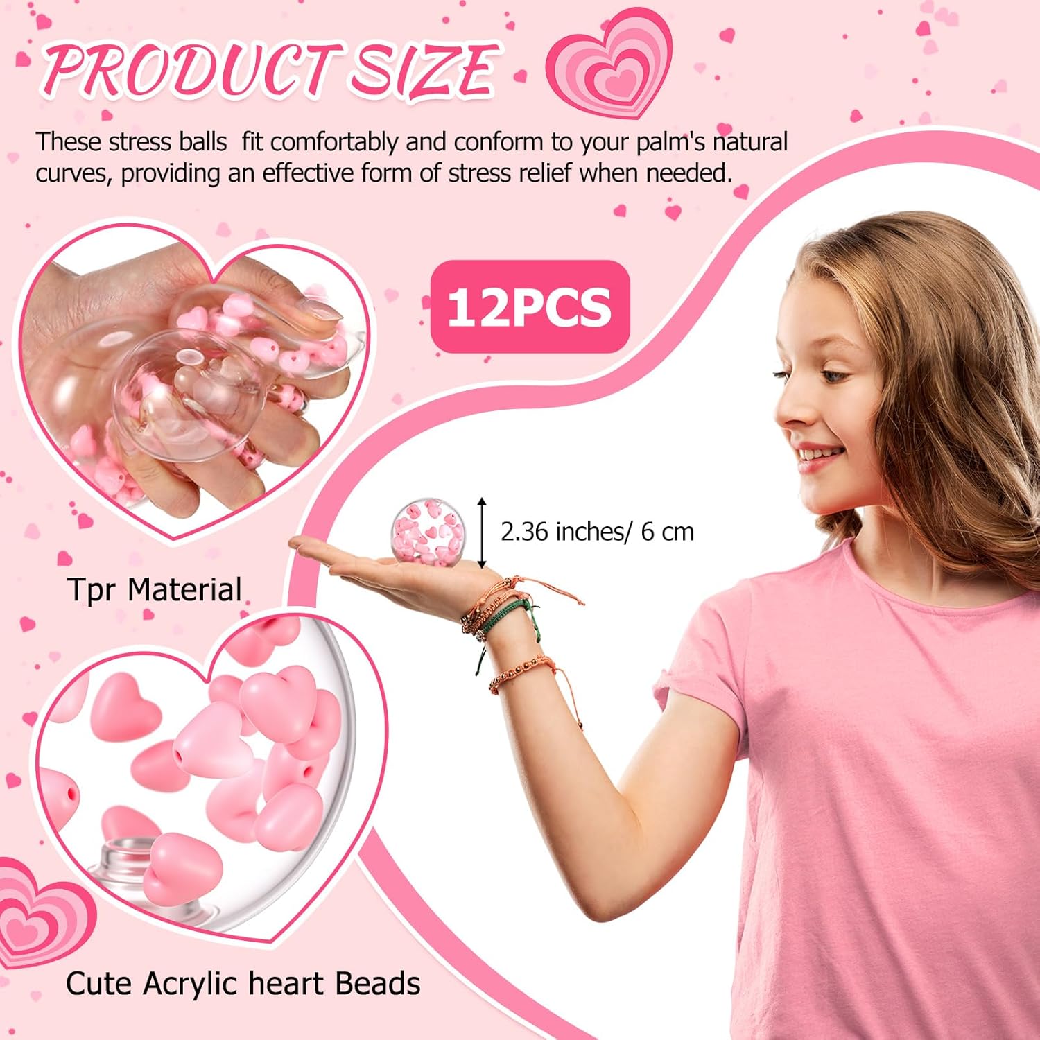 Shappy 12 Pcs Heart Stress Relief Balls Valentines Day Gifts 2.36 Inch Pink Acrylic Beads Fidget Sensory Toy Bulk Galentines Day Party Favors Valentine Exchange Gifts
