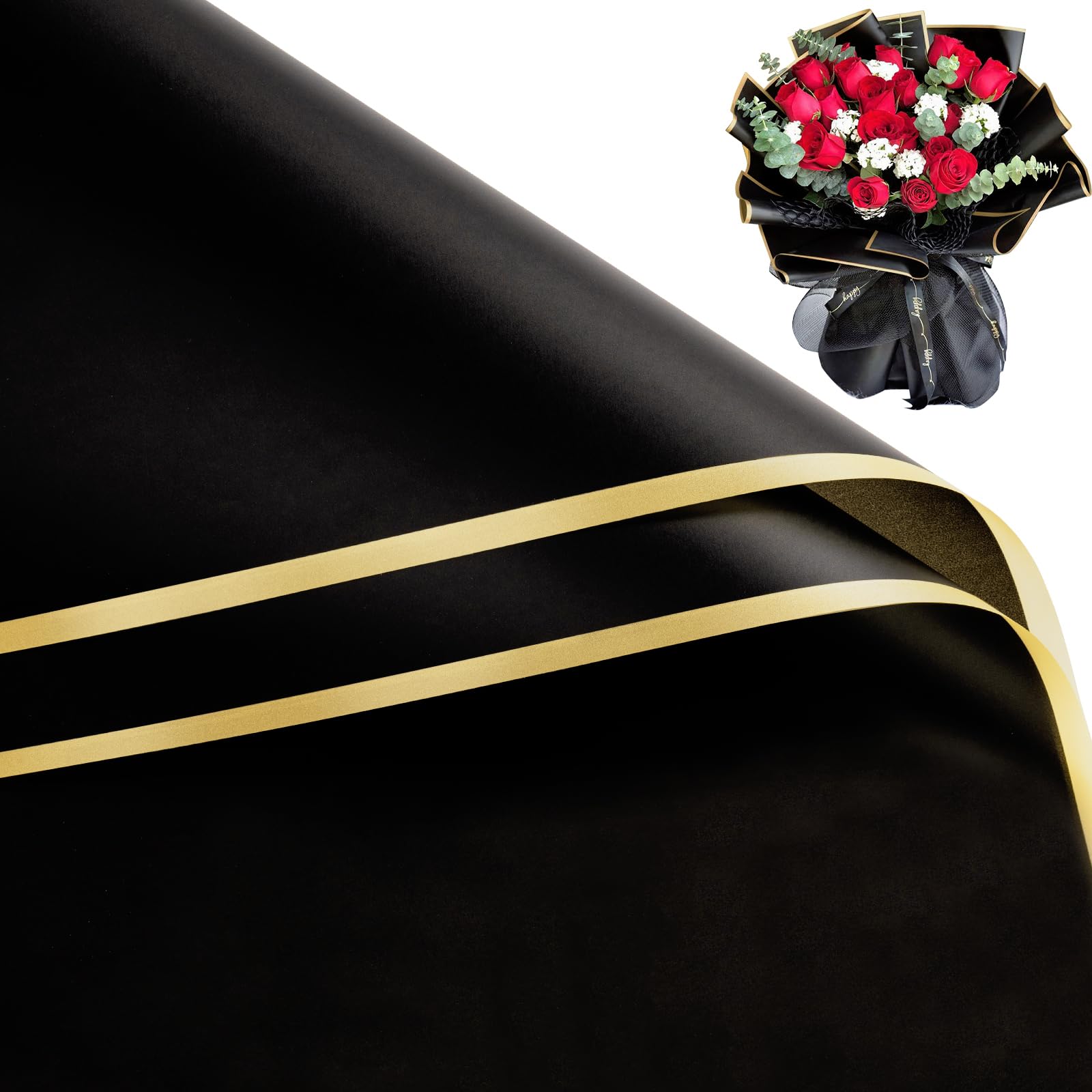 Loveinside 20 Sheets Flower Wrapping Paper - Gold Edge Waterproof Floral Bouquet Wrapping Pape - Florist Supplies Packaging Paper for Birthday, Wedding and DIY Crafts - Black