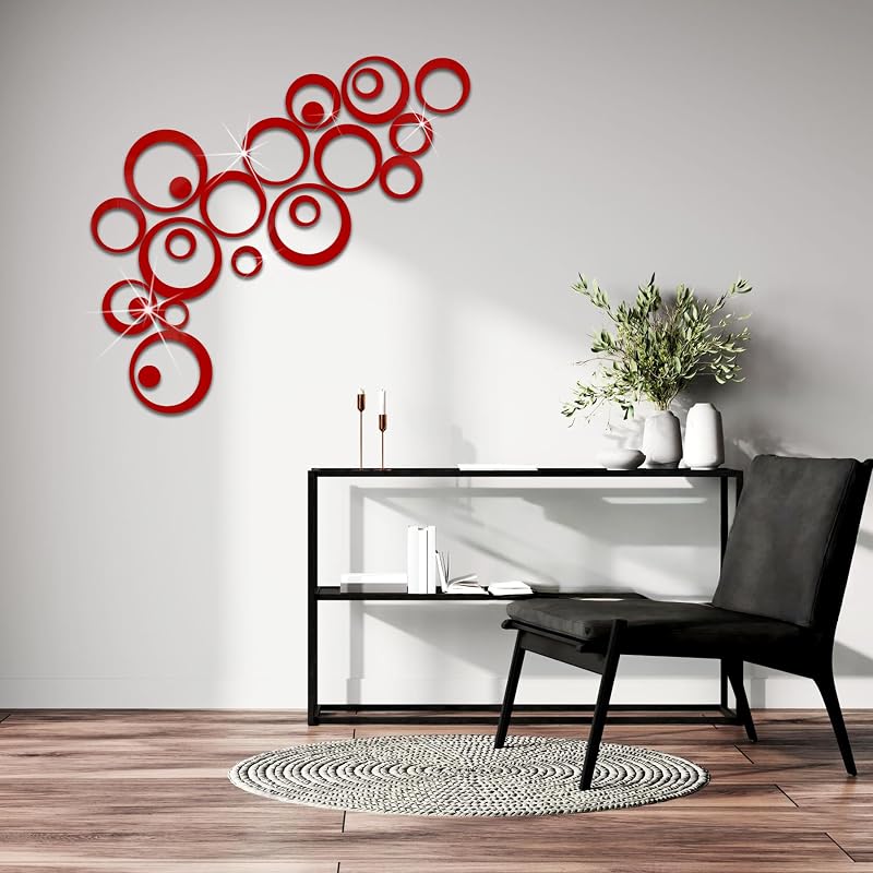 Adesivi Murali Specchio Acrilico Rosso 3D – 24 Pezzi Cerchi Decorativi da Parete, Specchi Adesivi Rotondi DIY per Soggiorno, Camera da Letto, Bagno e Decorazione Casa