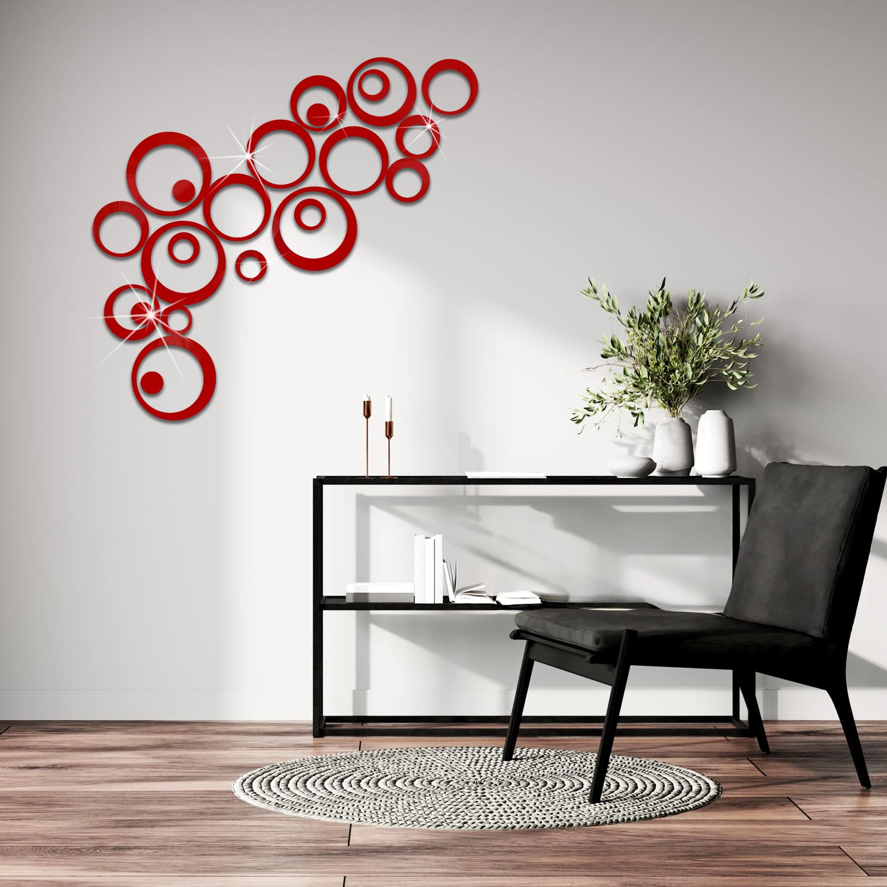 Adesivi Murali Specchio Acrilico Rosso 3D – 24 Pezzi Cerchi Decorativi da Parete, Specchi Adesivi Rotondi DIY per Soggiorno, Camera da Letto, Bagno e Decorazione Casa - 1