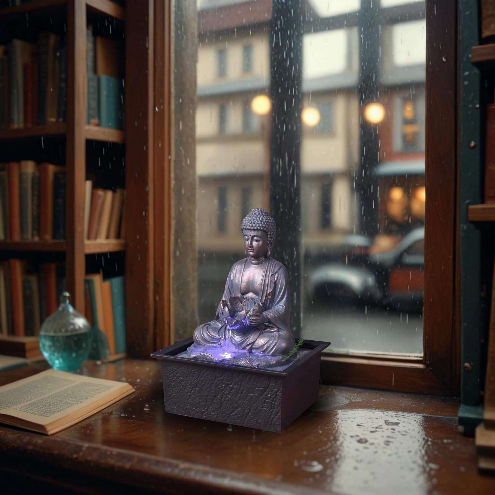 Fontaine d’Intérieur Bouddha Méditation Lotus Lumière LED Coloré – Déco Zen Salon Chambre - Fontaine de Table Mouvement Relaxant - Porte-Bonheur Cadeau Utile Femme et Homme – H 26cm – Sutra Zen’Light