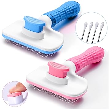 2 Packs Self Cleaning Slicker Brush for Dogs and Cats, Dog Brush & Cat Brush for Shedding and Grooming with Massage Particles, Suitable for Pets with Long or Short Hair (Blue & Pink)