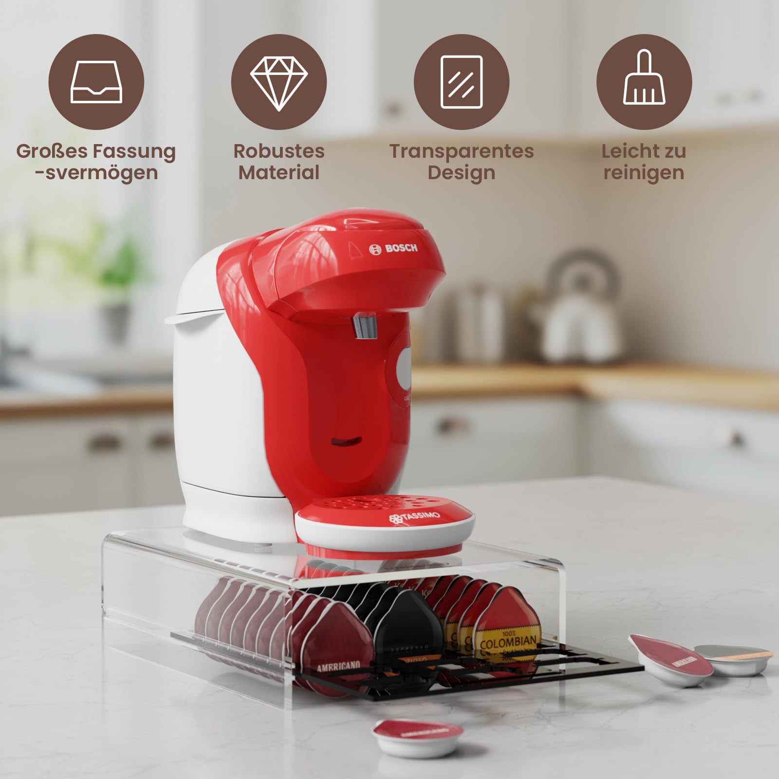 LifeMoreasy Transparenter Kapselhalter-Kaffeepadhalter schublade für 42 Tassimo Kapseln, Kaffeekapseln Aufbewahrung Organizer-Fließender Auszieh-Design, Robuste Kapselmaschine Ständer Küche, Haushalt & Wohnen