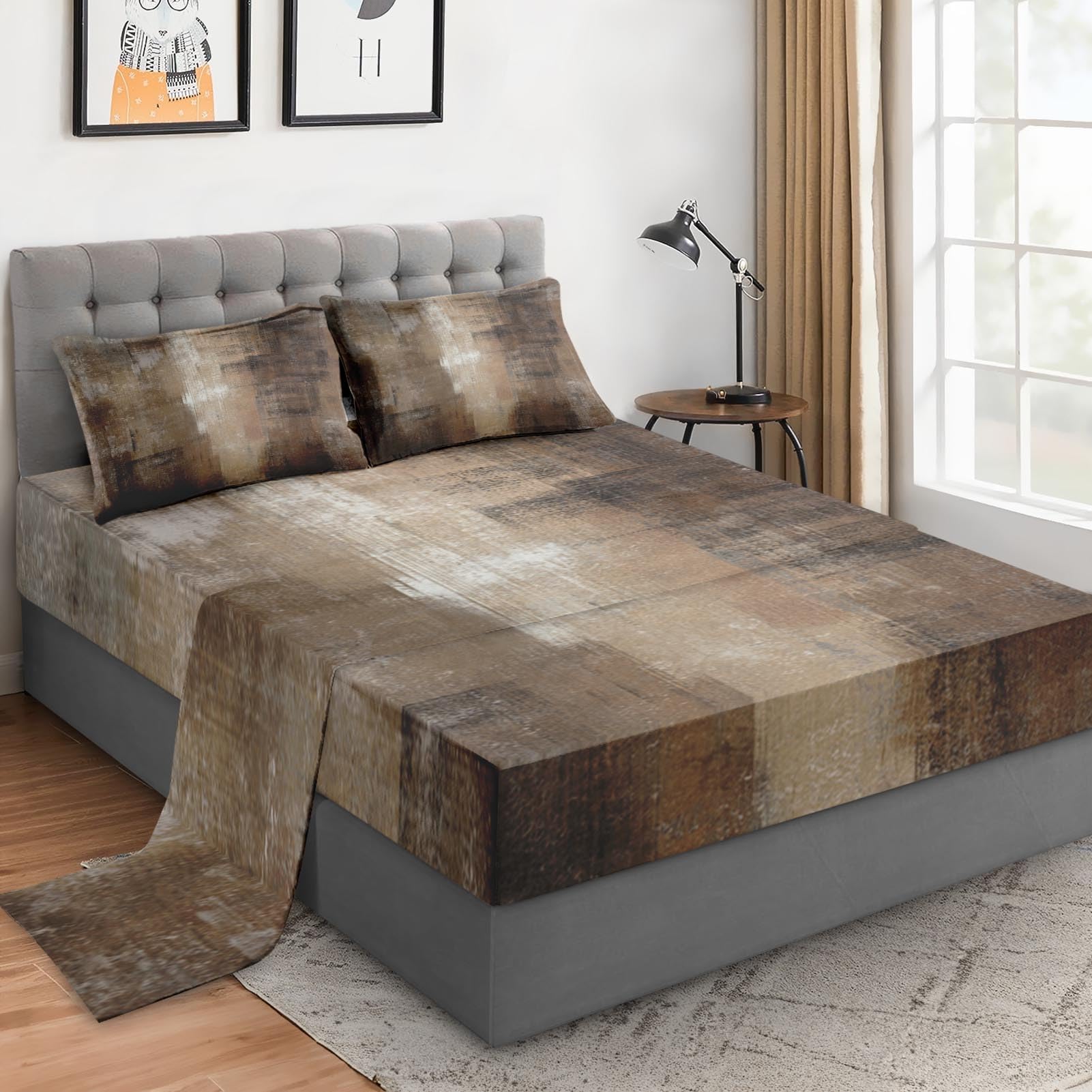 WeCozy Queen Size Bed Sheet Sets with Pillowcases, Brown Grey Painting 4 Pcs Soft Microfiber Bedding for Kids and Adults, Beige Contemporary Flat, Fitted Sheet for Bedroom Bed Decor