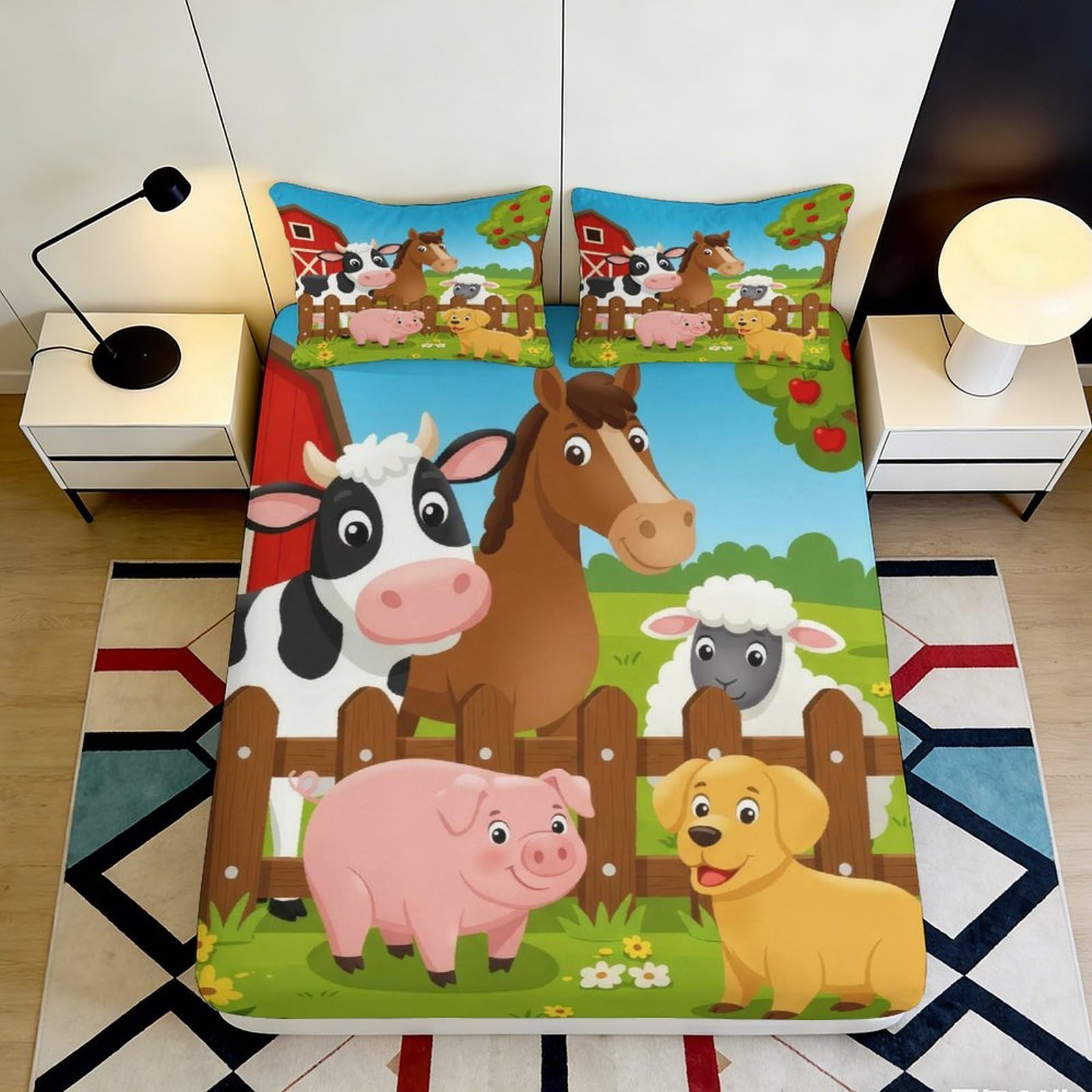 3D Printed Farm Animal Fitted Sheet Microfiber Soft Cartoon Barnyard Mattress Cover for Bedroom Guest Room Decor 200x200x25cm