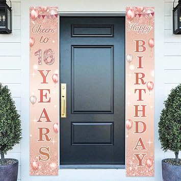 Happy Birthday Rose Gold Banner Cheers to 16 Years Backdrop Balloon Confetti Theme Decor Decorations for Front Door Porch Girls 16th Birthday Party Pink Birthday Party Supplies Bday Favors Glitter