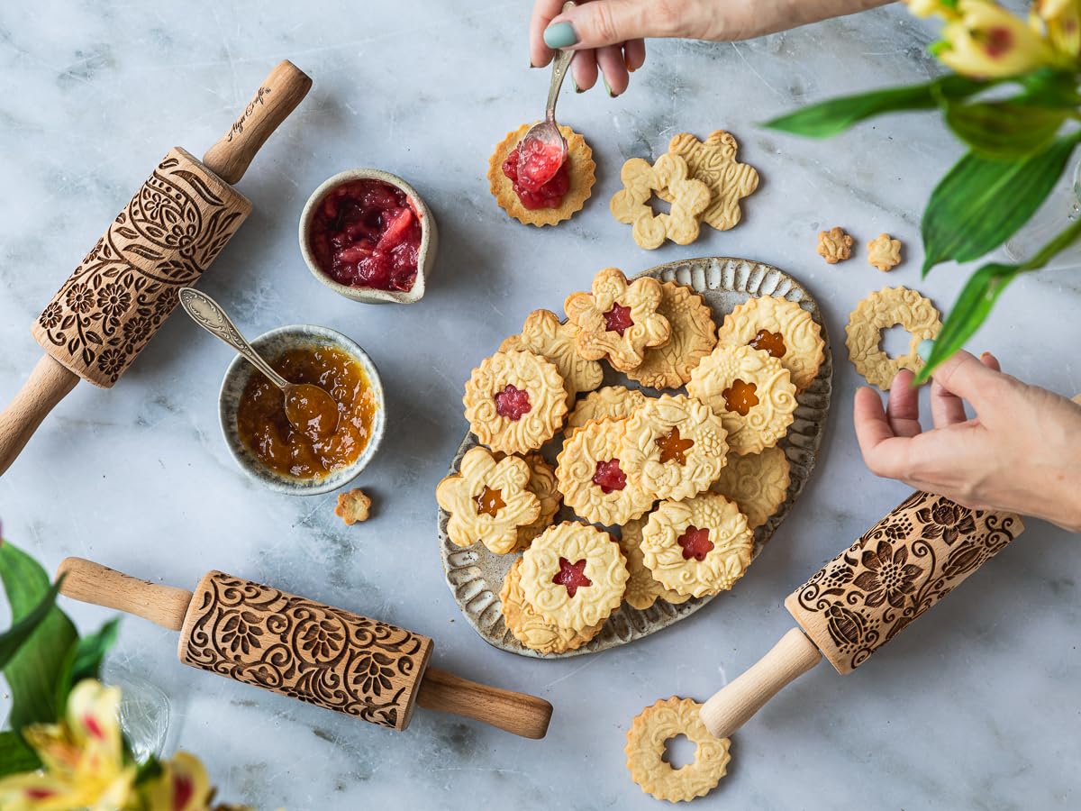 Mattarello Decorativo per Biscotti FIORE - Set di 3 Mattarelli Piccoli | Mattarello Inciso | Rullo per Biscotti e per Modellare per fai da te | Mattarello Legno Goffrato di Algis Crafts