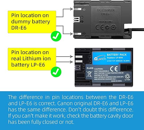 Miniatura 5 de Glorich ACK-E6 Adaptador de corriente de CA DR-E6 Acoplador DC LP-E6 LP-E6N Kit de fuente de alimentación de batería ficticia para cámaras Canon EOS