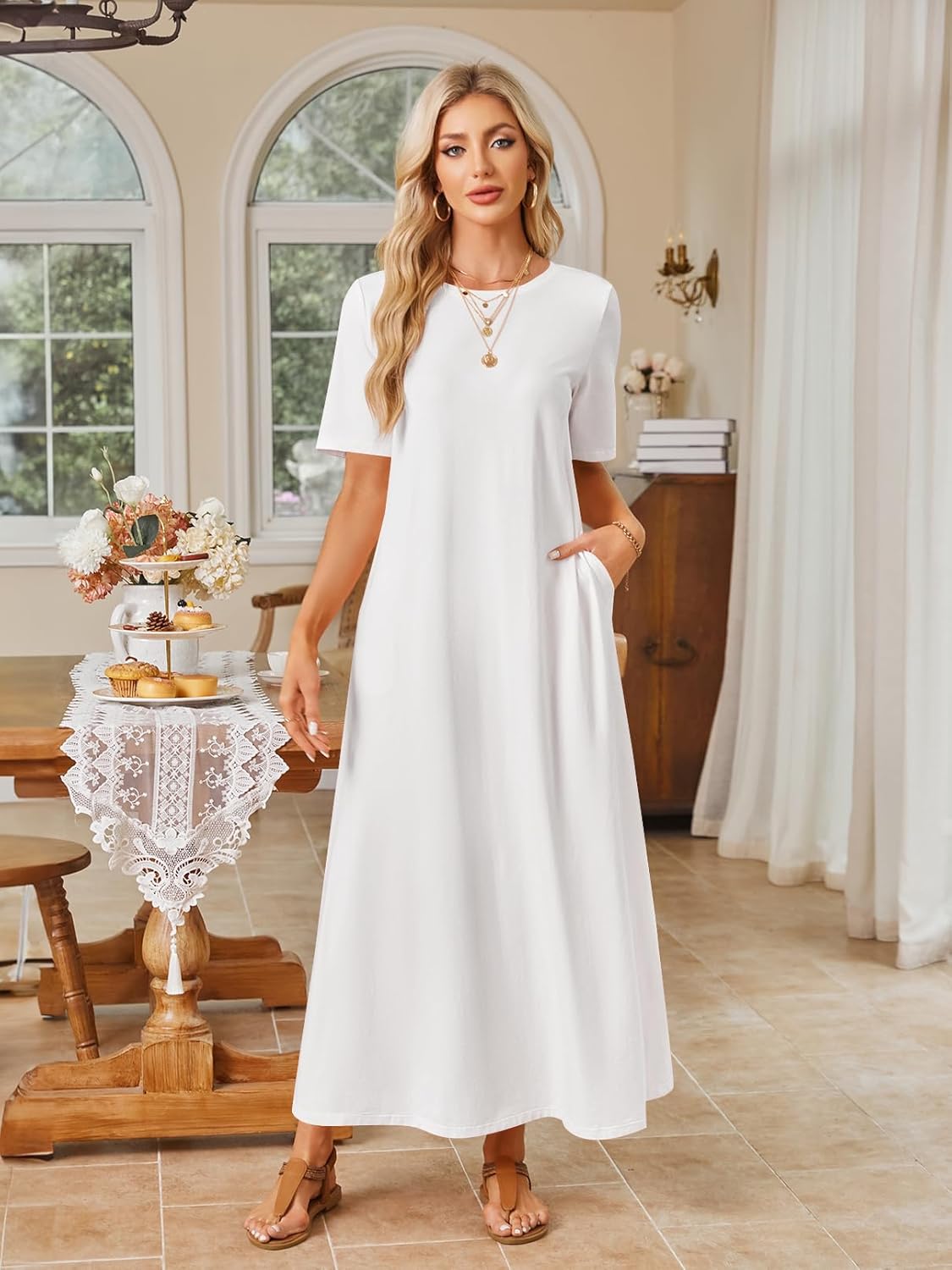 MEROKEETY Summer Spring Maxi Dresses for Women 2026 Casual Vacation Crew Neck Short Sleeve Long T Shirt Dress with Pockets