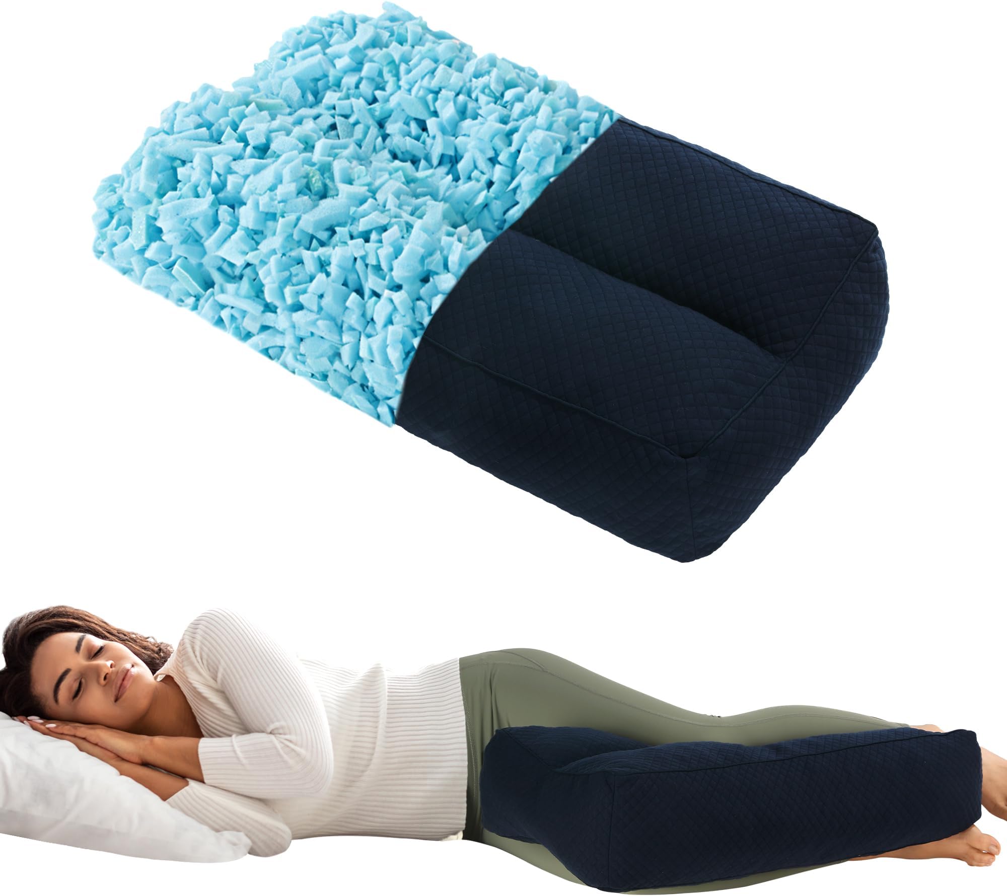 HOMBYS Shredded Memory Foam Knee Pillow for Side Sleepers, 6.5" Height Pillow Between Legs for Aligns Spine & Relieves Pressure Hip & Leg Elevation, Supportive Pillow for Pregnancy, Sciatica, Navy