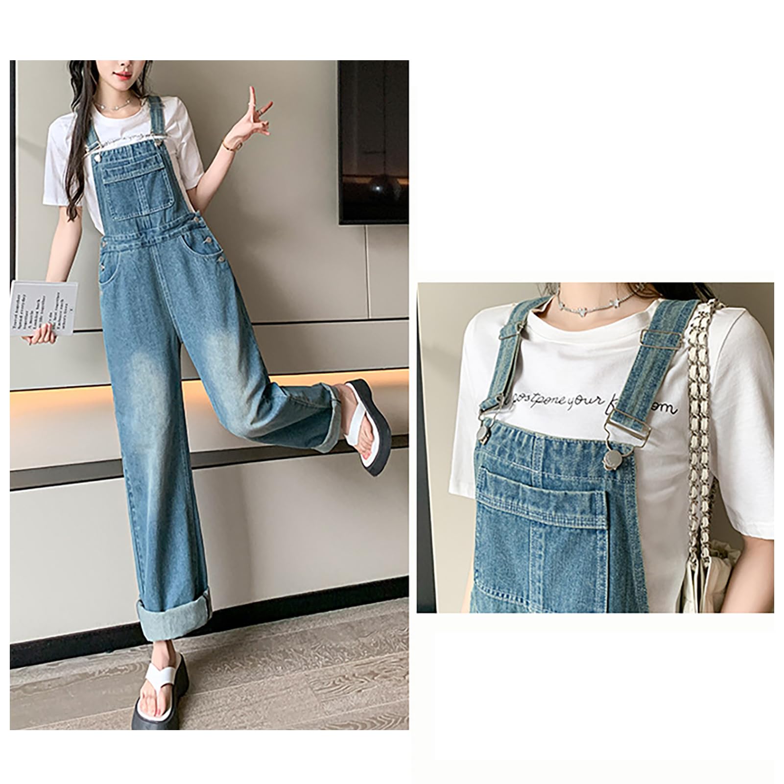 Salopette Jeans Femme Large Combinaisons en Jean Coupe Droite Pantalon en Jean