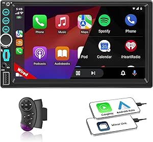 7" Wired Double Din Car Stereo Apple Carplay Radio Screen for Car Audio Receivers, Bluetooth Car Play Android Auto Touchscreen, SWC, FM, Mirror Link, Type-C
